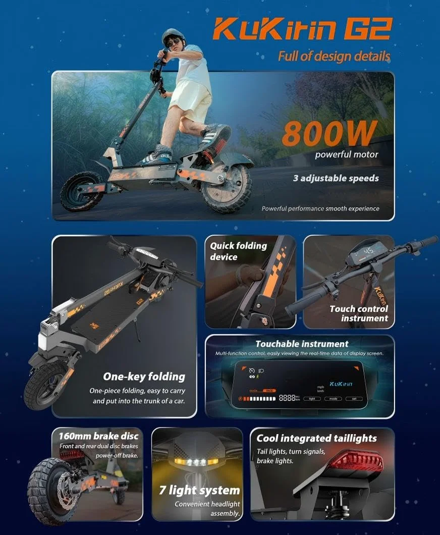 Kukirin G2 Patinete eléctrico Plegable, batería de 48 V 15 Ah, neumáticos de 10 Pulgadas, autonomía de 55 km, Pantalla táctil, Frenos de Disco Delanteros y Traseros, Patinete eléctrico para Adultos