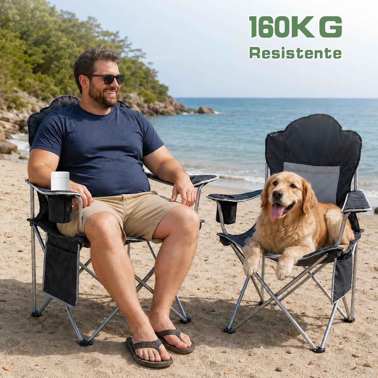 Silla de Camping Plegable, Capacidad de Carga 160 kg, Respaldo Alto, Asiento Amplio, Acolchada con Algodón, Silla de Camping XXL Cómoda Silla de Pesca para Acampadas, Festivales, Playa y Jardín