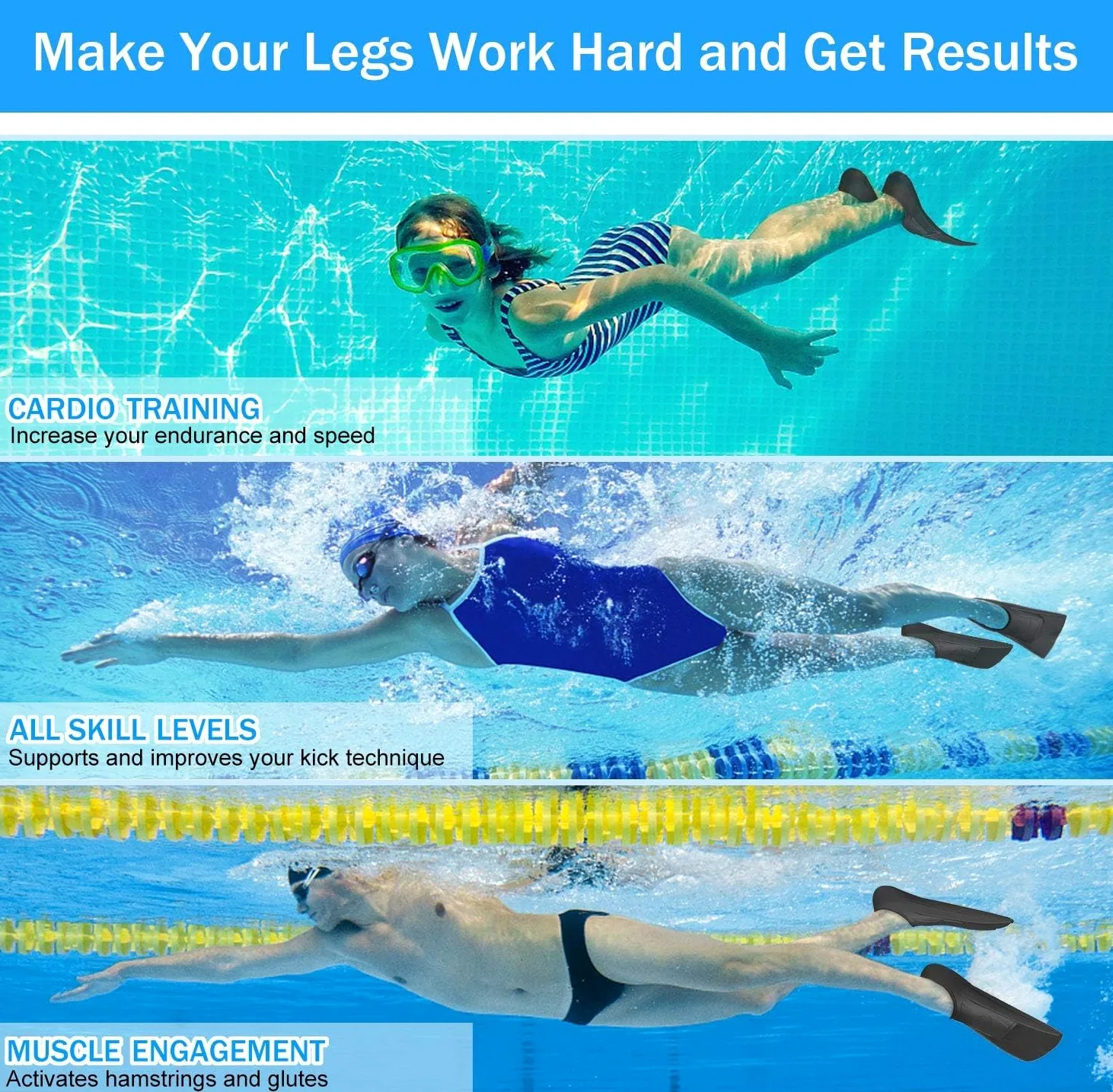 Gintenco Aletas de natación, aletas de entrenamiento de natación para niños para nadar en regazo, aletas de tamaño de viaje con bolsa de malla, aletas de natación de silicona para niños, adolescentes