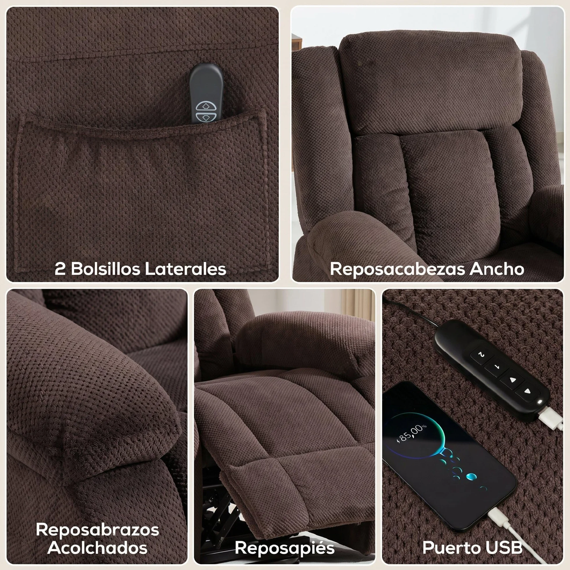 HOMCOM Sillón Relax Reclinable Eléctrico Levanta Personas con Puerto USB, Control Remoto, Asiento Ancho, Terciopelo, Marrón