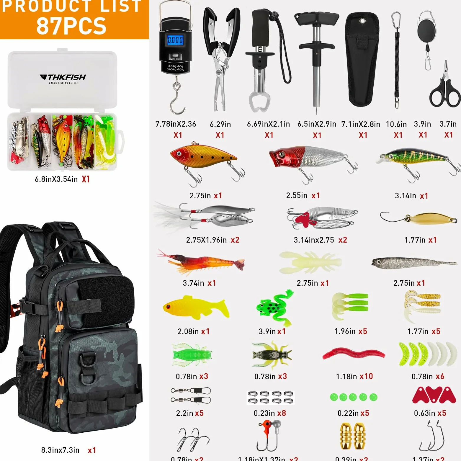THKFISH Mochila de pesca con soporte para caña, kit de herramientas de pesca, bolsa resistente al agua con kit de señuelos de pesca, caja de aparejos de pesca y juego de alicates para hombres y