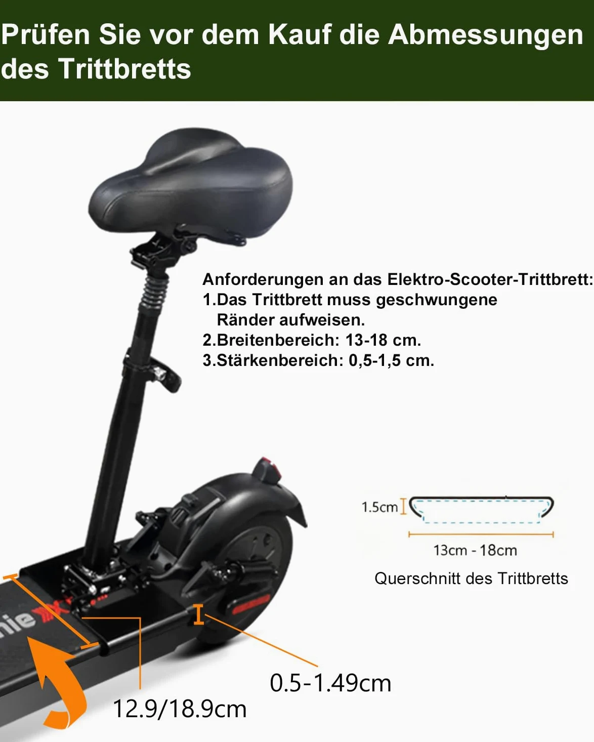 Asiento de scooter eléctrico solo compatible con estribo curvado de 13 – 18 cm de ancho, sillín acolchado, plegable, resistente a los golpes, altura ajustable de 55 – 68 cm, patinete para adultos e