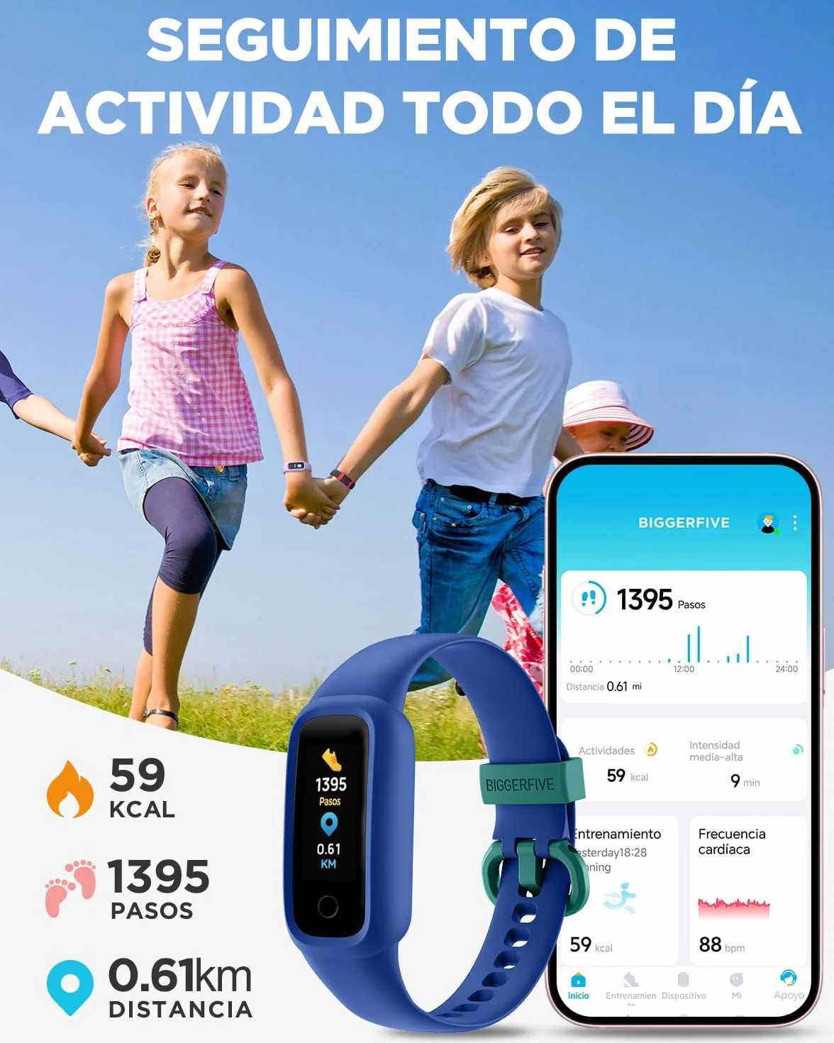 BIGGERFIVE Vigor 2 L Reloj Fitness para Niños y Niñas de 5 a 15 Años, Rastreador de Actividad, Monitor de Frecuencia Cardíaca y Sueño, Impermeable IP68, Podómetro, Contador de Calorías, Azul