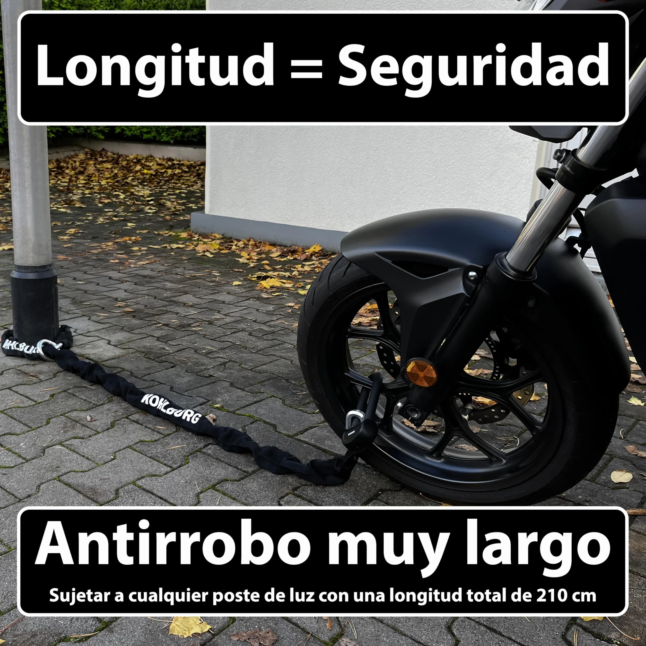KOHLBURG antirrobo de cadena macizo para moto 8kg, 210 cm de longitud con nuestro nivel de seguridad más alto 15+ de 15, cadena de acero de 13 mm super robusta como candado para moto, scooter y e-bike