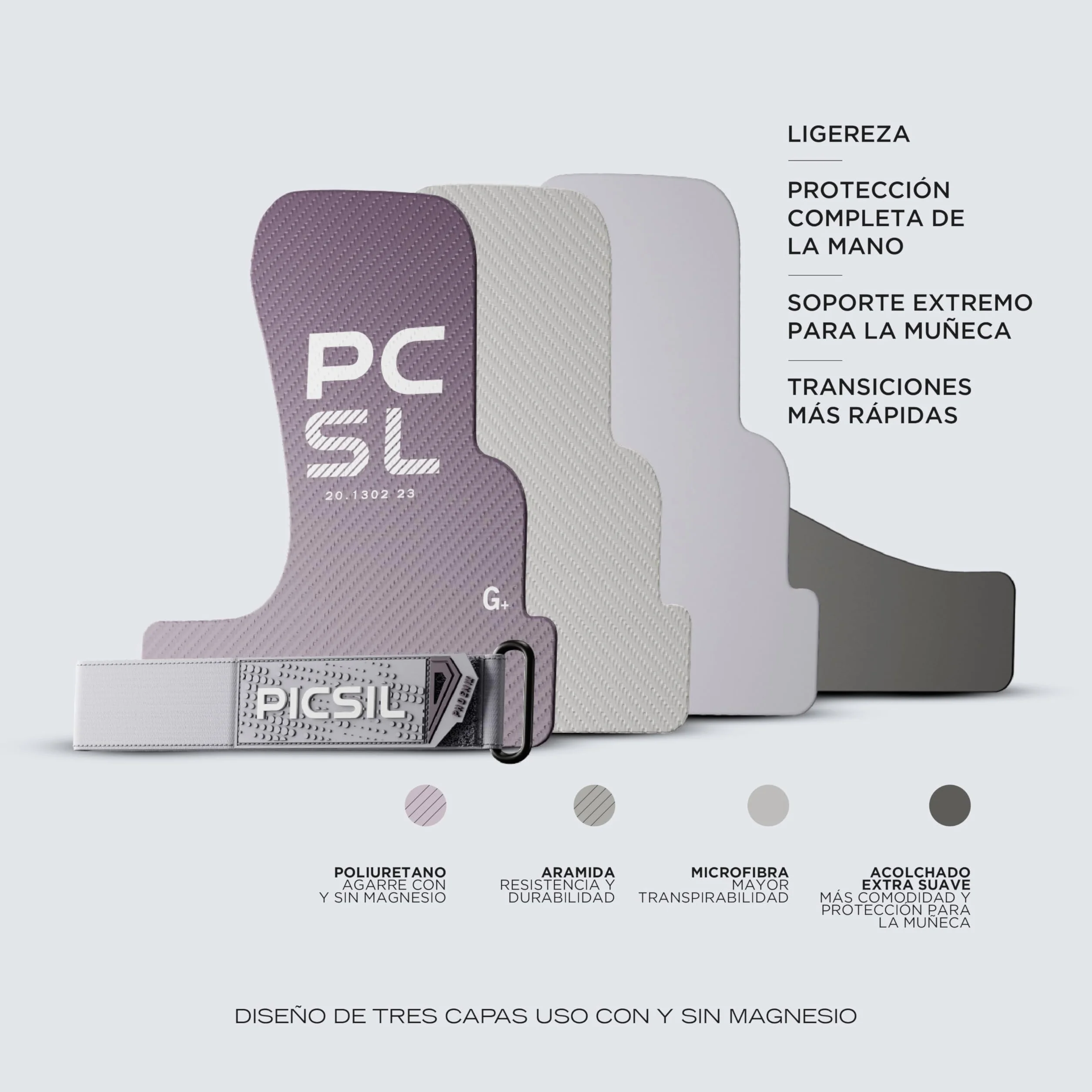 PICSIL Calleras Phoenix + Muñequeras + Bolsa, Uso Sin Magnesio, Agarre en Todas Superficies y Cualquier Tipo de Barra, Diseñadas para Todos los Atletas (Plum, G+)