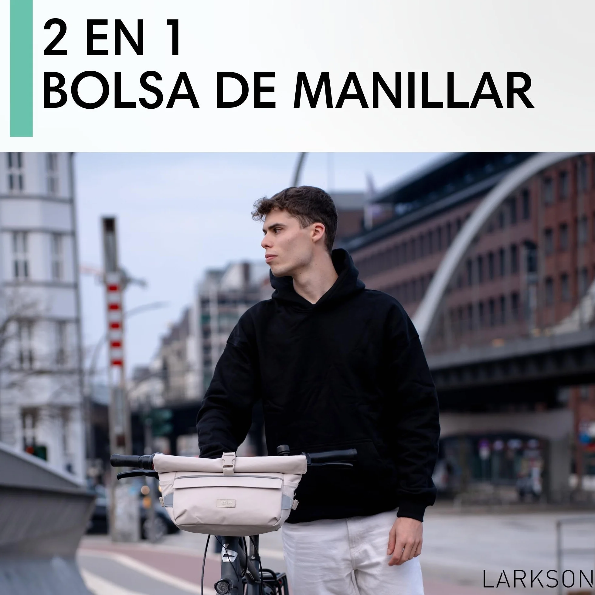 LARKSON Bolsa Manillar Bicicleta Negro - Lasse - Bolsa 2 en 1 para Bici y Bandolera - con Reflejo - Repelente al Agua