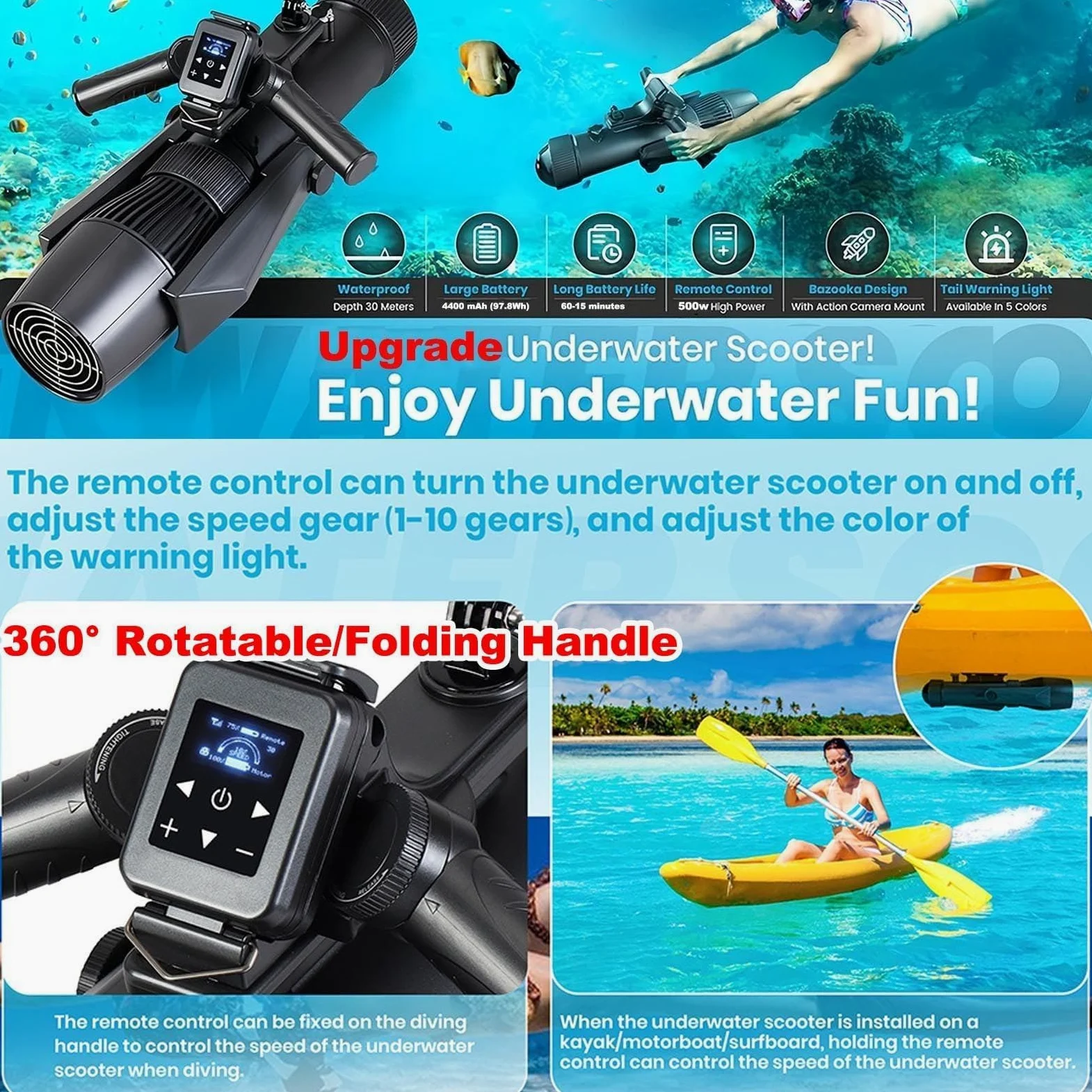 500W Scooter Submarino eléctrico (2025 Nuevo), Scooter Marino Que controla el Pulgar, Velocidad de la Hoja 1800-2700 RPM, para el Supple de Paleta, Piscina, Buceo y Snorkel, Scooter de Agua