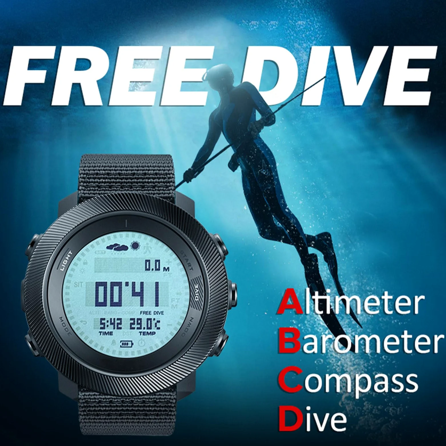 POENVFPO Reloj Deportivo Digital, Brújula de Buceo, Altímetro, Barómetro, Rastreador de Profundidad, Retroiluminación LED a Prueba de Lluvia de 100 M para Hombres Al Aire