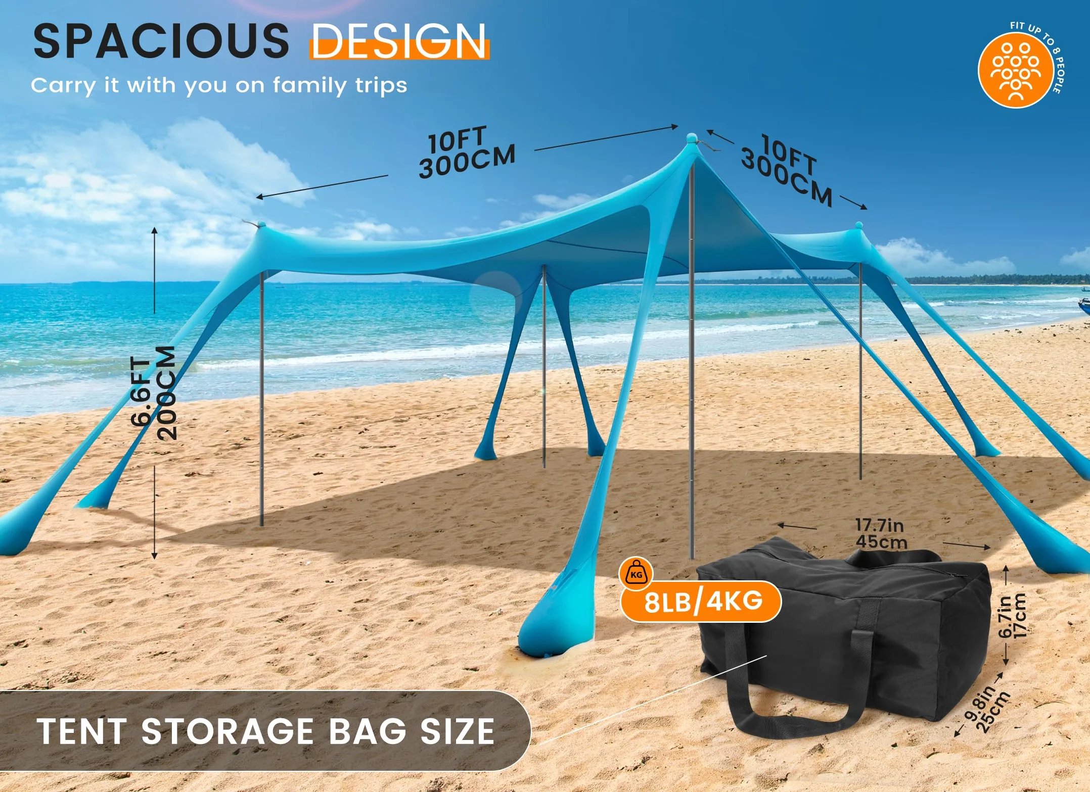 Carpa Playa Tienda de campaña UPF50+, Playa Familiar Plegable Toldo Playa Carpas con 4 Bastones, Pala, Clavijas y Bolsa de Transporte para Camping, Pesca, 3X 3X 2M (Sky Blue)