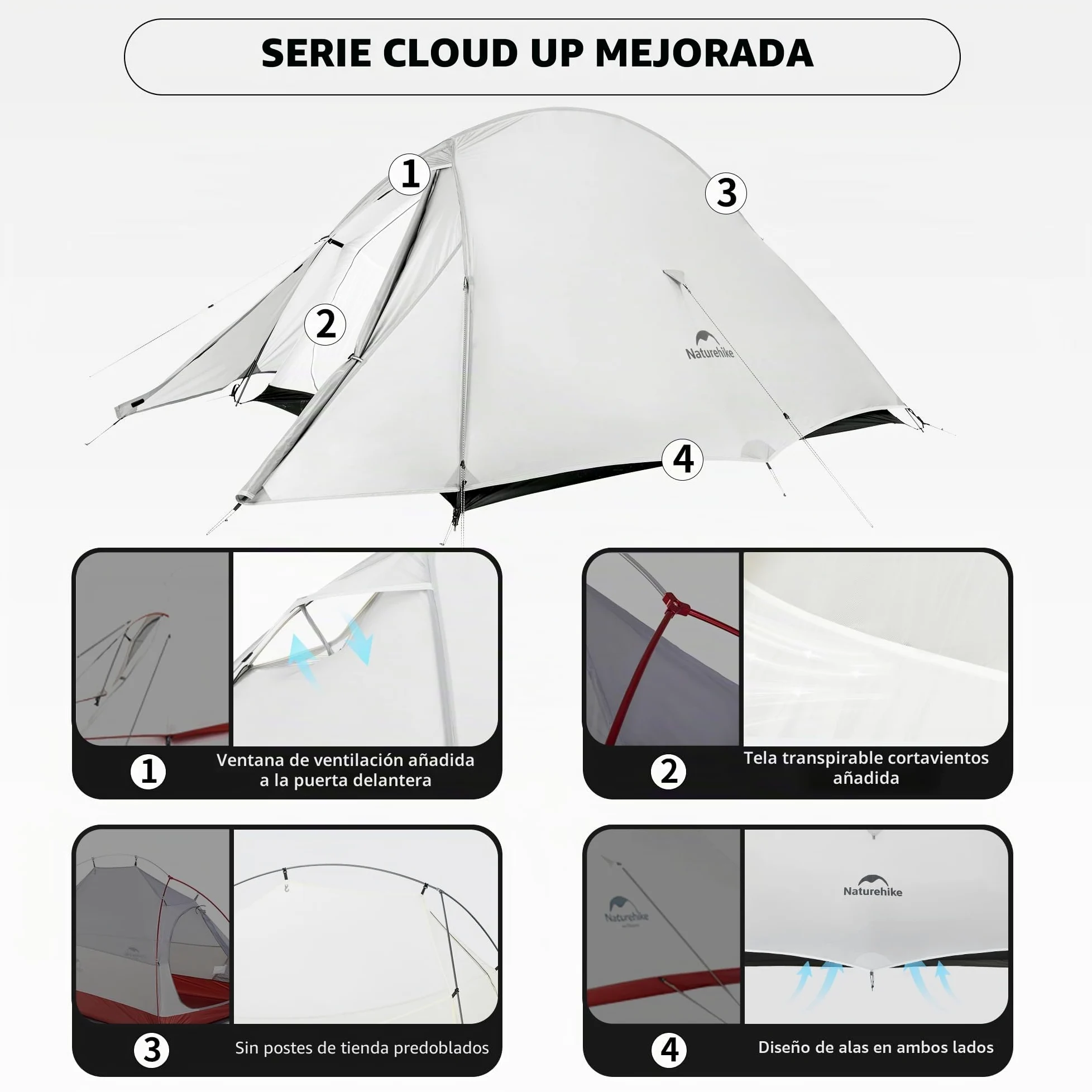 Naturehike Cloud Up UL Tienda De Campaña para 1/2 Personas Compacta Ultraligera de Doble Capa Impermeable Cortaviento para Senderismo al Aire Libre Festivales