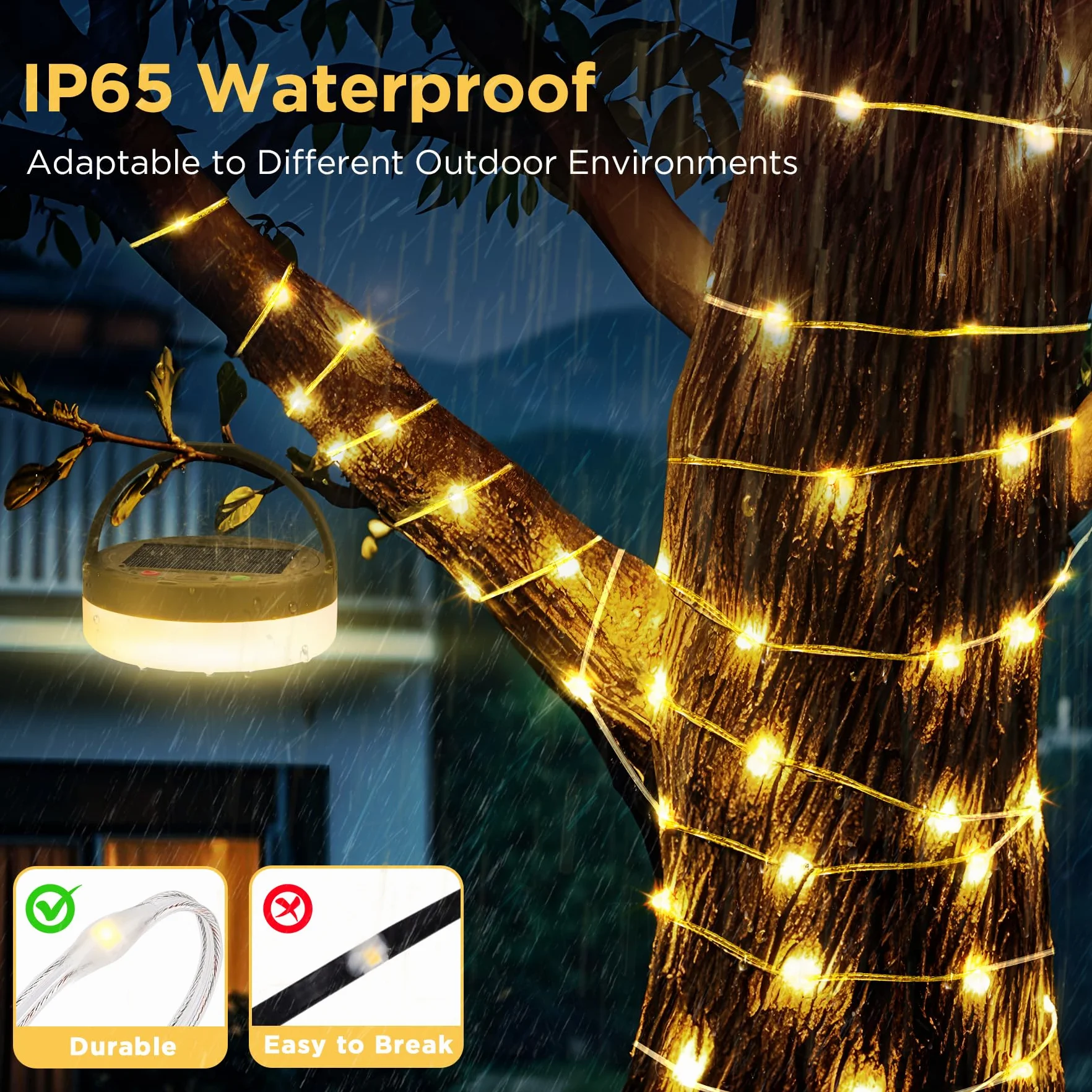 Retráctil Cadena de Luces para Camping 10M, 3 en 1 Impermeable Solar USB 8 Modos Iluminación