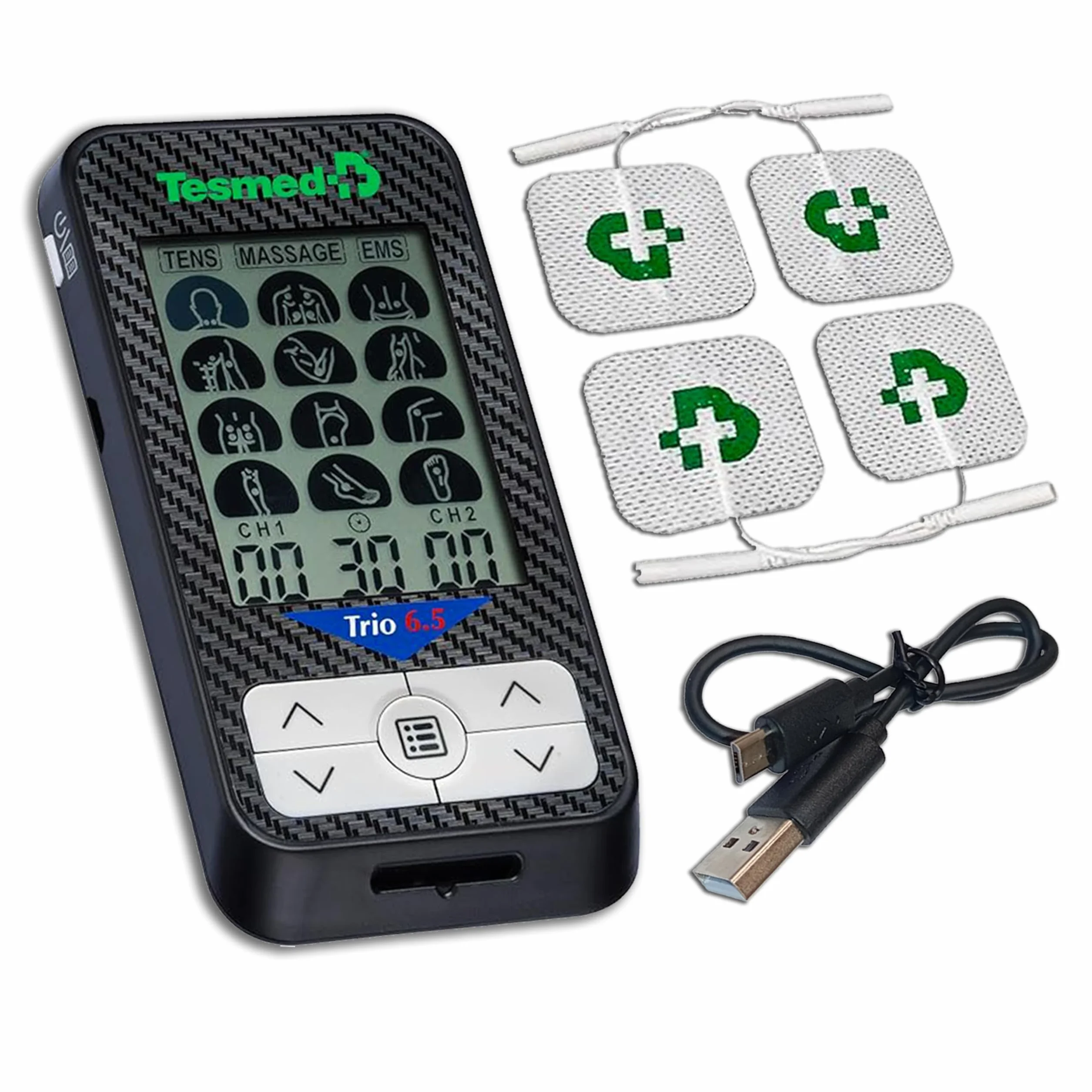 TESMED Trio 6.5 Electroestimulador Muscular Recargable 36 Programas 40 Niveles de Intensidad EMS TENS Masaje