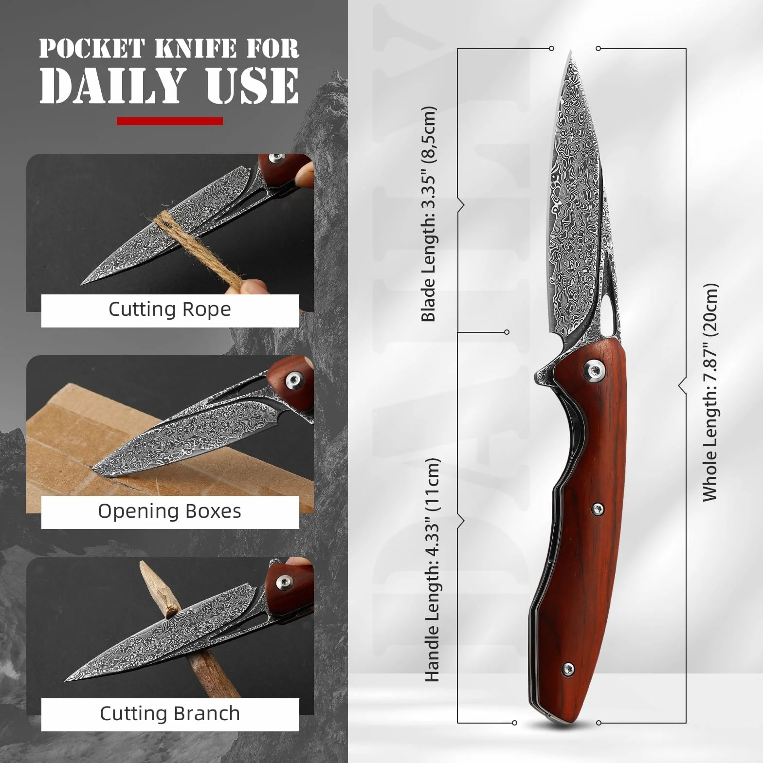 DRACHENADER La navaja de bolsillo plegable de Damasco clip, núcleo de acero VG10 y mango de madera es versátil, fácil de usar y la compañera perfecta para acampar al aire libre.