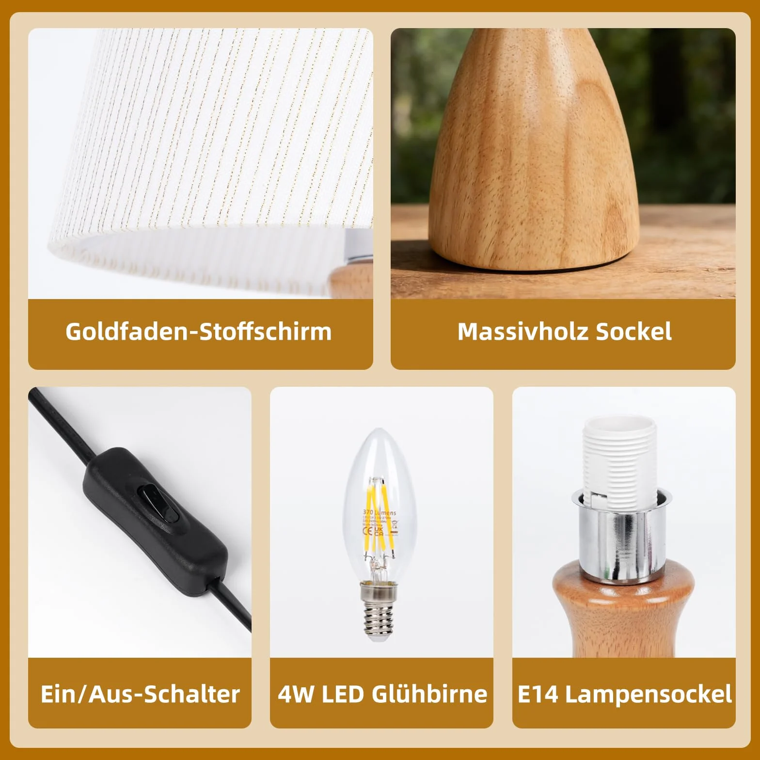 Lámpara de Mesita de Noche, Pantalla de Tela de Lino Beige, 3000K Blanco Cálido, Bombilla LED E14 Incluida, 1 Pieza
