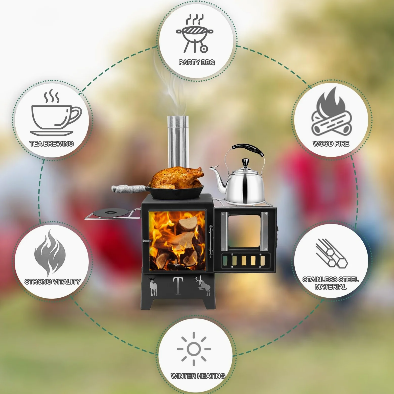 Estufa de leña portátil para campamento, estufa de leña portátil con tubos de chimenea, estufa de camping con superficie de titanio mejorada, vidrio resistente al calor y guantes para exteriores