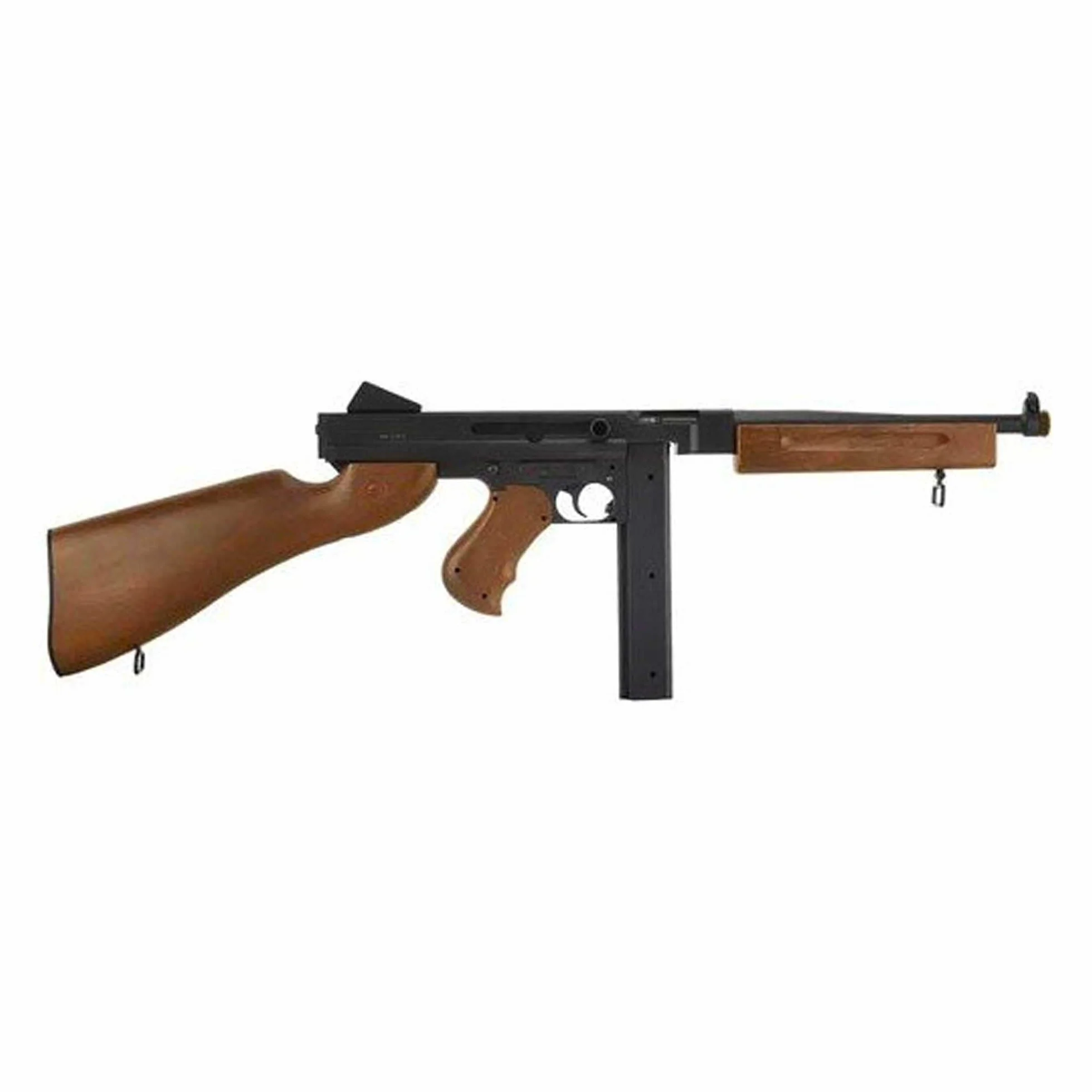 Embalaje Rifle de Airsoft Modelo D98 Estilo Chicago/Modelo eléctrico/Colores: Negro y Madera/Materiales: plástico de Alta Resistencia/Potencia 0,5 Julios/Se suministra con Accesorios