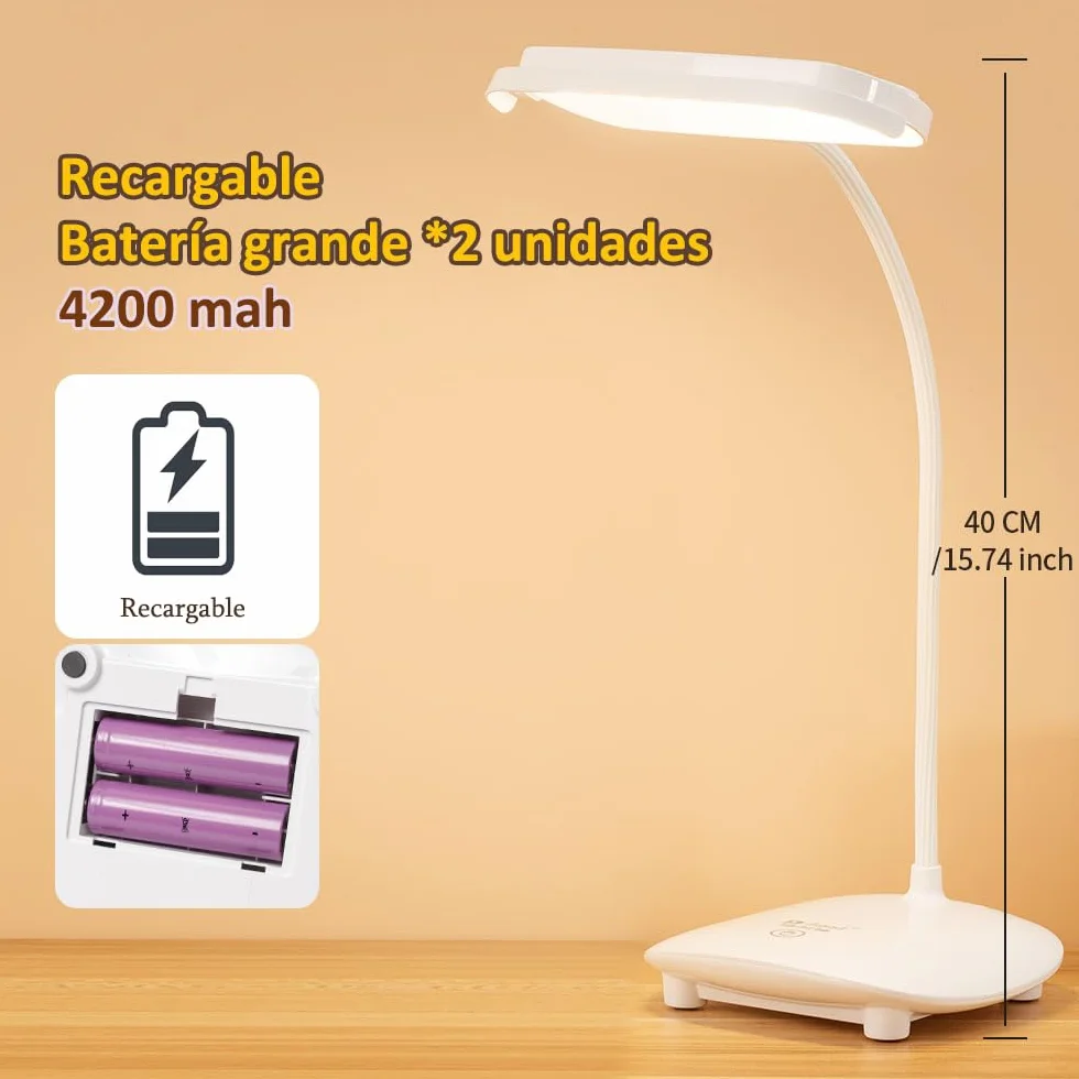 Lampara de Escritorio Recargable 4200mAh LED Tactil 3 Colores 6 Brillos Regulable