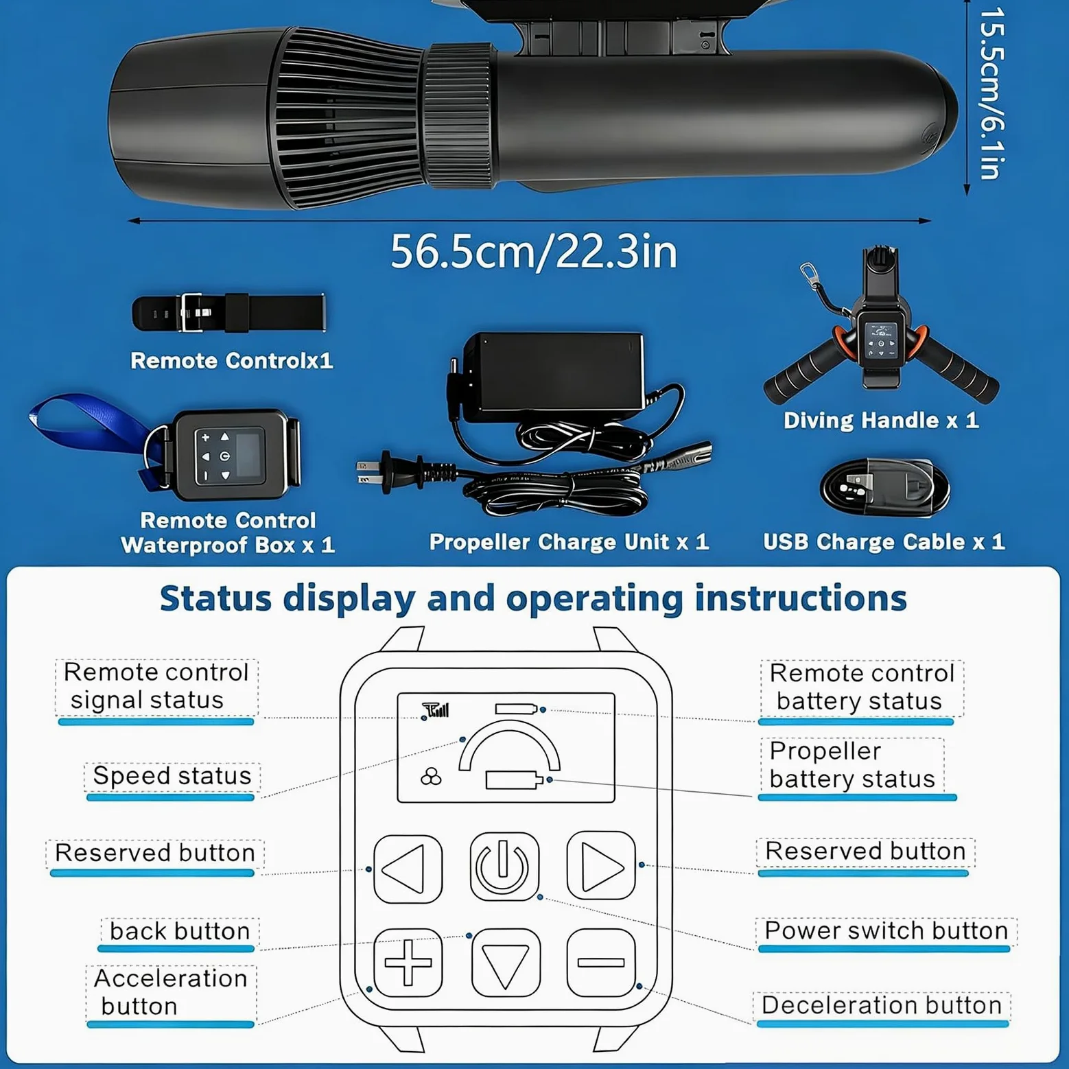 Scooter Subacuático Eléctrico, Scooter de Buceo 9 Velocidades | Autonomía 50 Min, Velocidad 7km/h, Profundidad 40m, Accesorios Paddle, Motor SUP para Buceo, Snorkel y Kayak