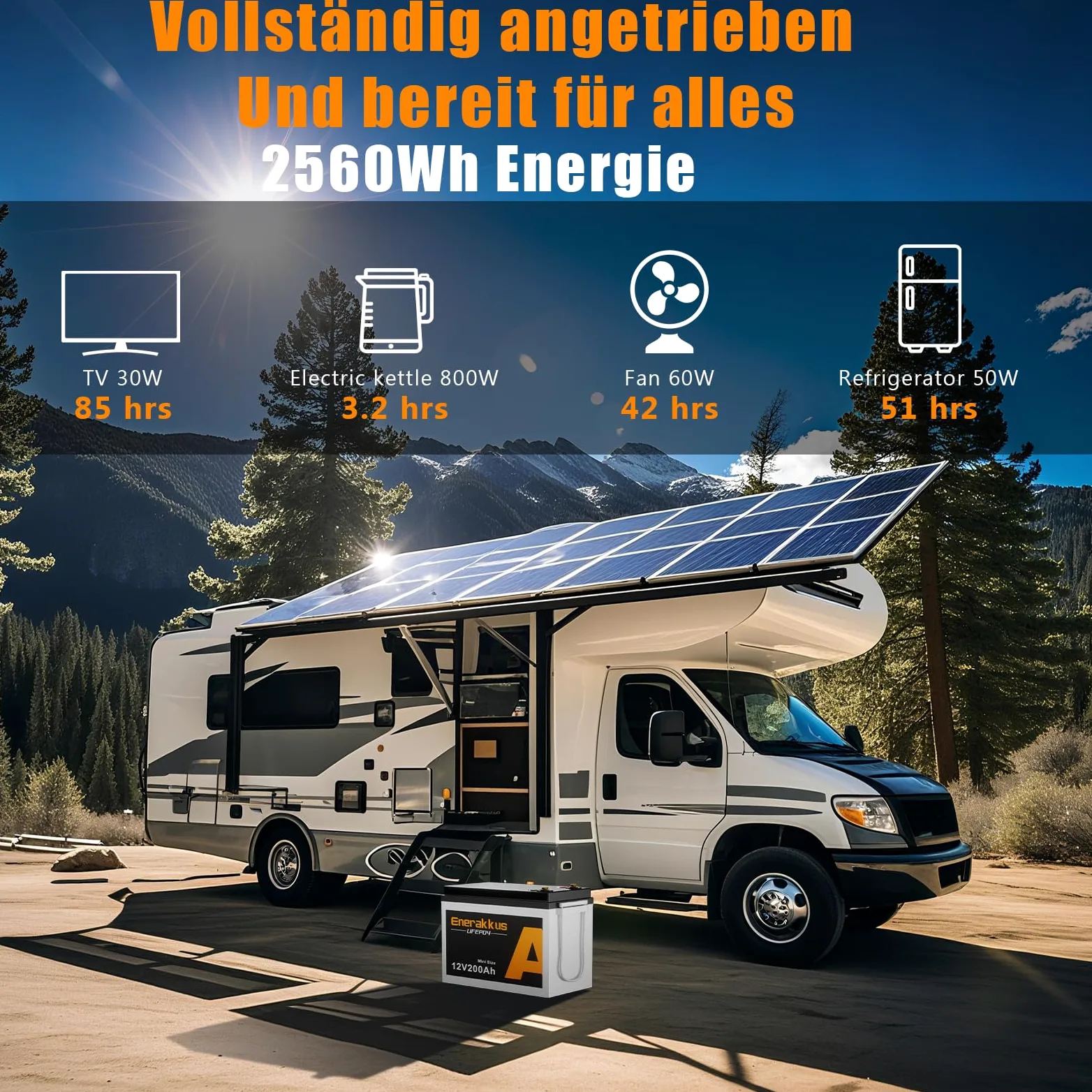 Batería de litio Enerakkus 12V 200AH LiFePO4 de tamaño mini, batería Bluetooth de 2560Wh, BMS de 200Ah con protección contra bajas temperaturas, para autocaravanas, sistemas solares, barcos y camping.