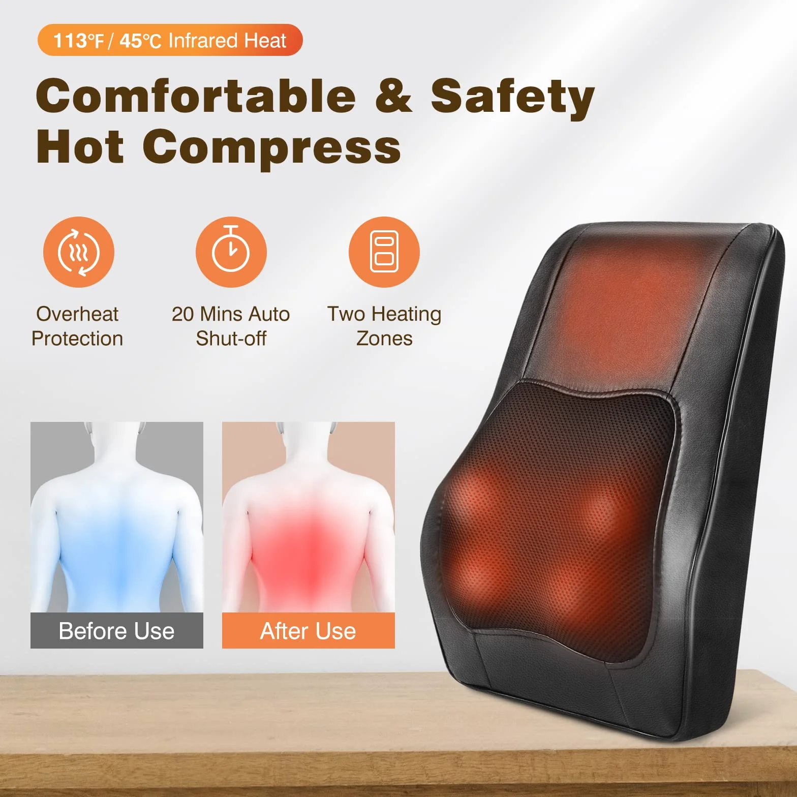 Careboda Masajeador Espalda con Calor, 3 Velocidades Eléctrico Shiatsu Almohada Masaje Cervical