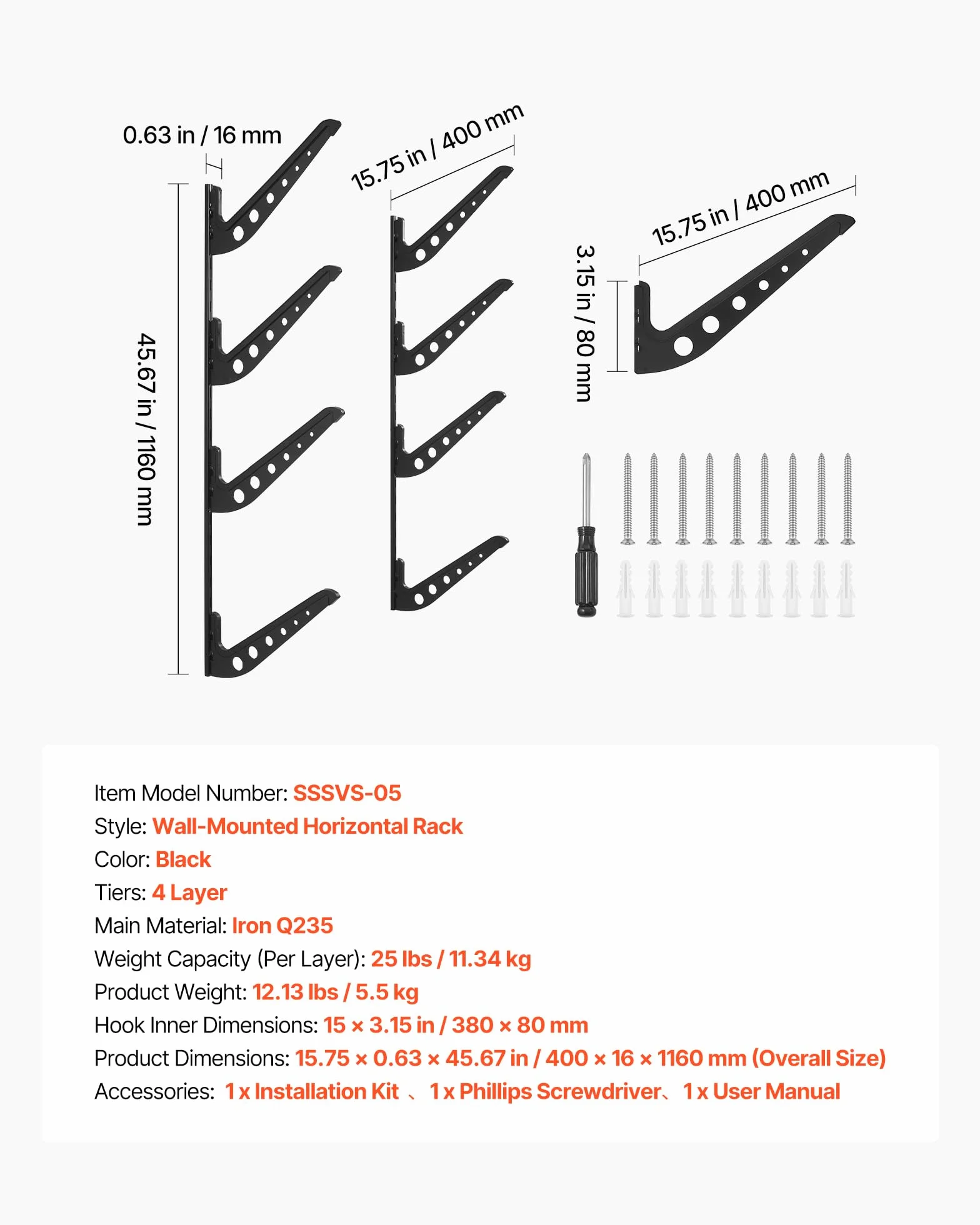 VEVOR Soporte de Pared para Tablas de Surf, Soporte Horizontal para Tablas de Surf de 4 Niveles para Almacenamiento y Exhibición, Organizador Ajustable para Kiteboards, Esquís y Snowboards, Negro