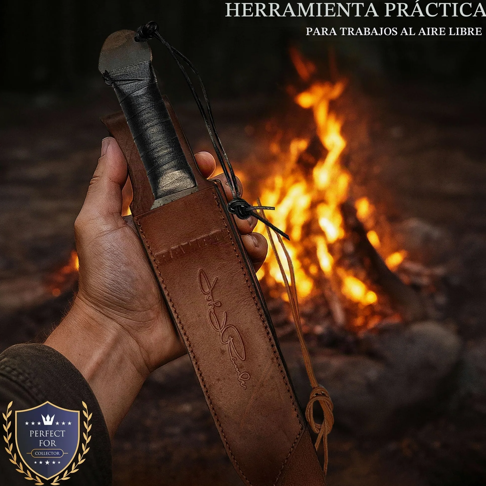 Swords and more Herramienta de corte de exterior con hoja fija – herramienta robusta de acero para uso general con funda de cuero