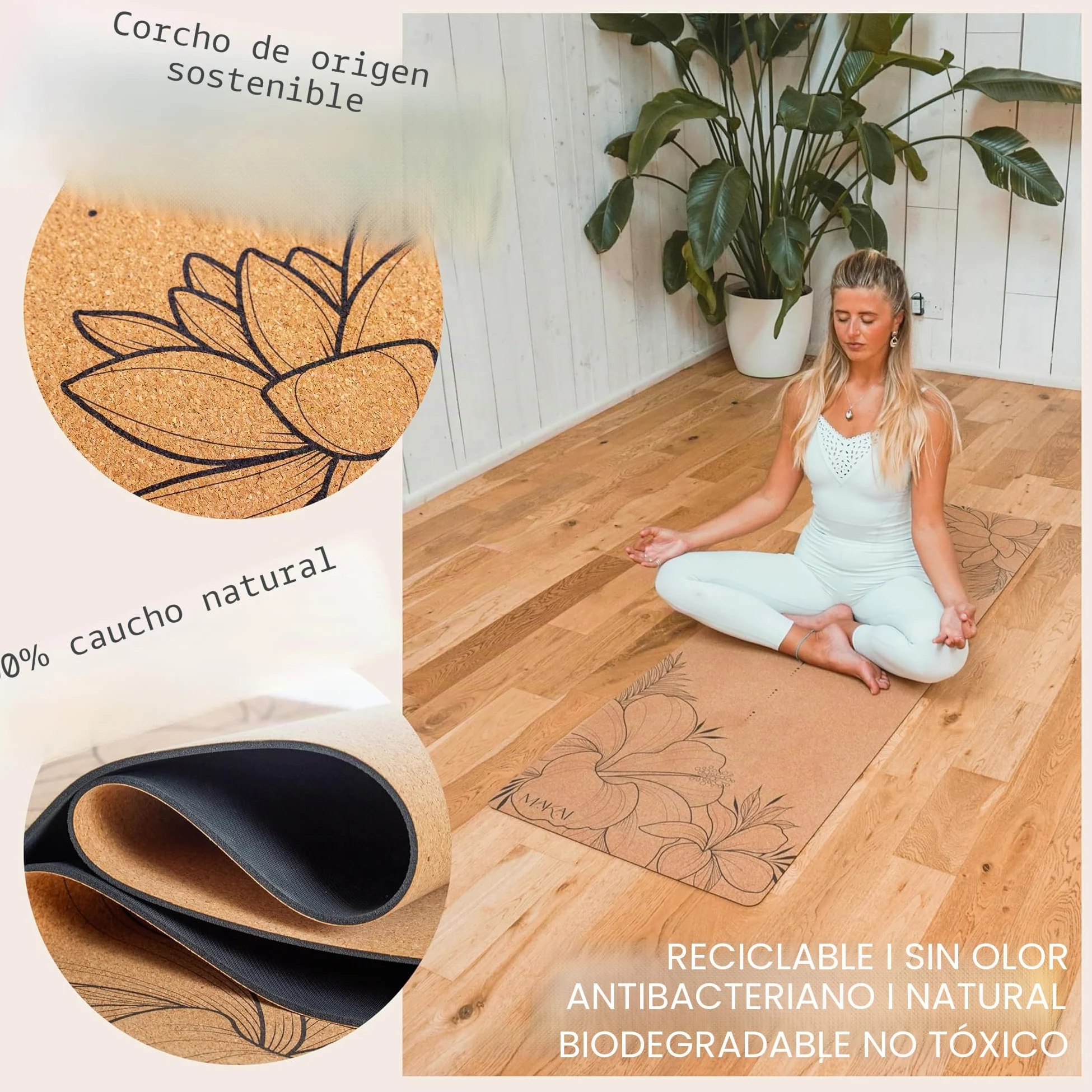 MAKAI Esterilla de yoga de corcho | Ecológica 100% corcho natural y goma | Esterilla antideslizante premium de 4 mm | Incluye correa de transporte de cáñamo | Esterilla de ejercicio y pilates para el