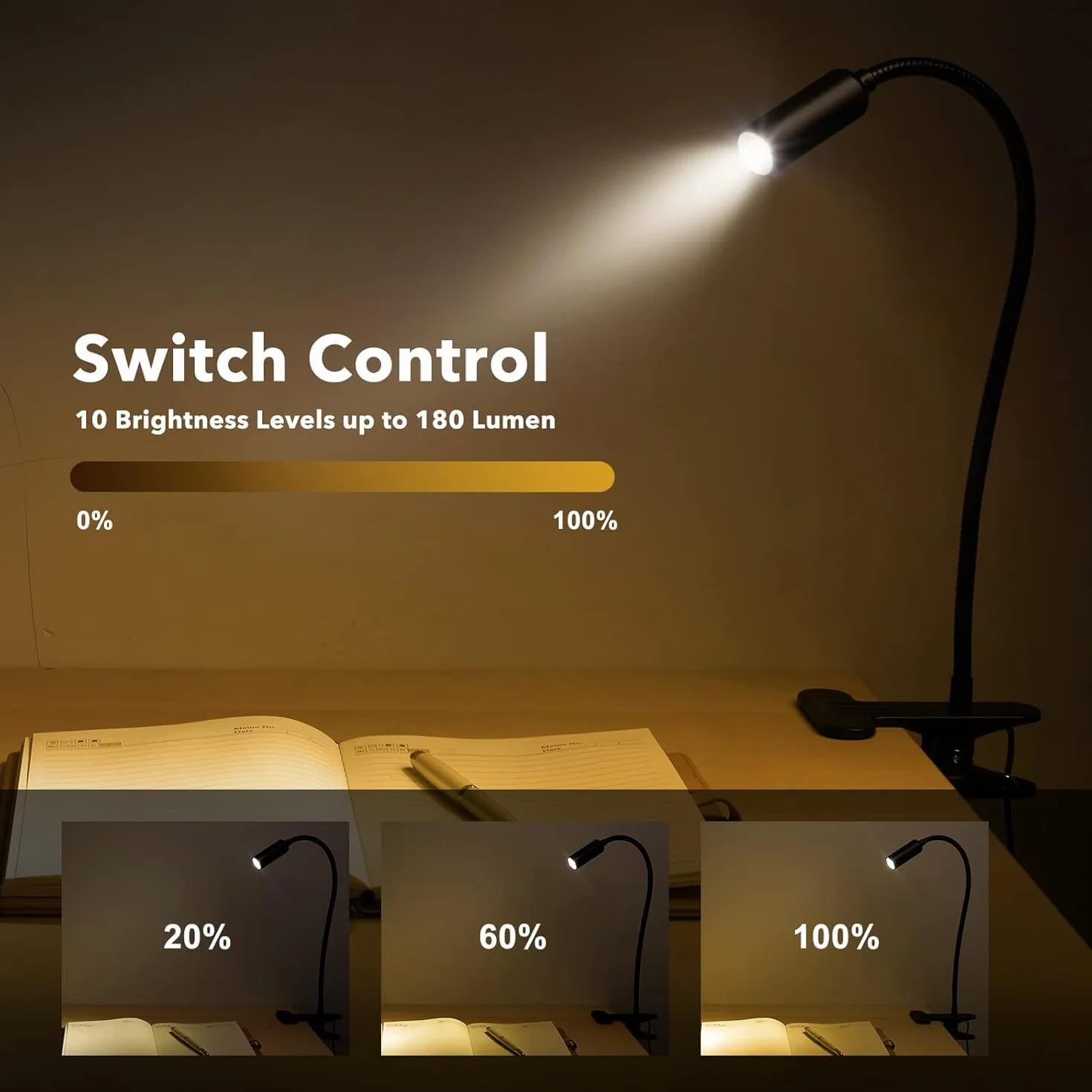 Hifree 5W LED Lámpara de Lectura Cama, 10 Niveles Pinza, USB, para Leer, Aprendizaje, Manualidades