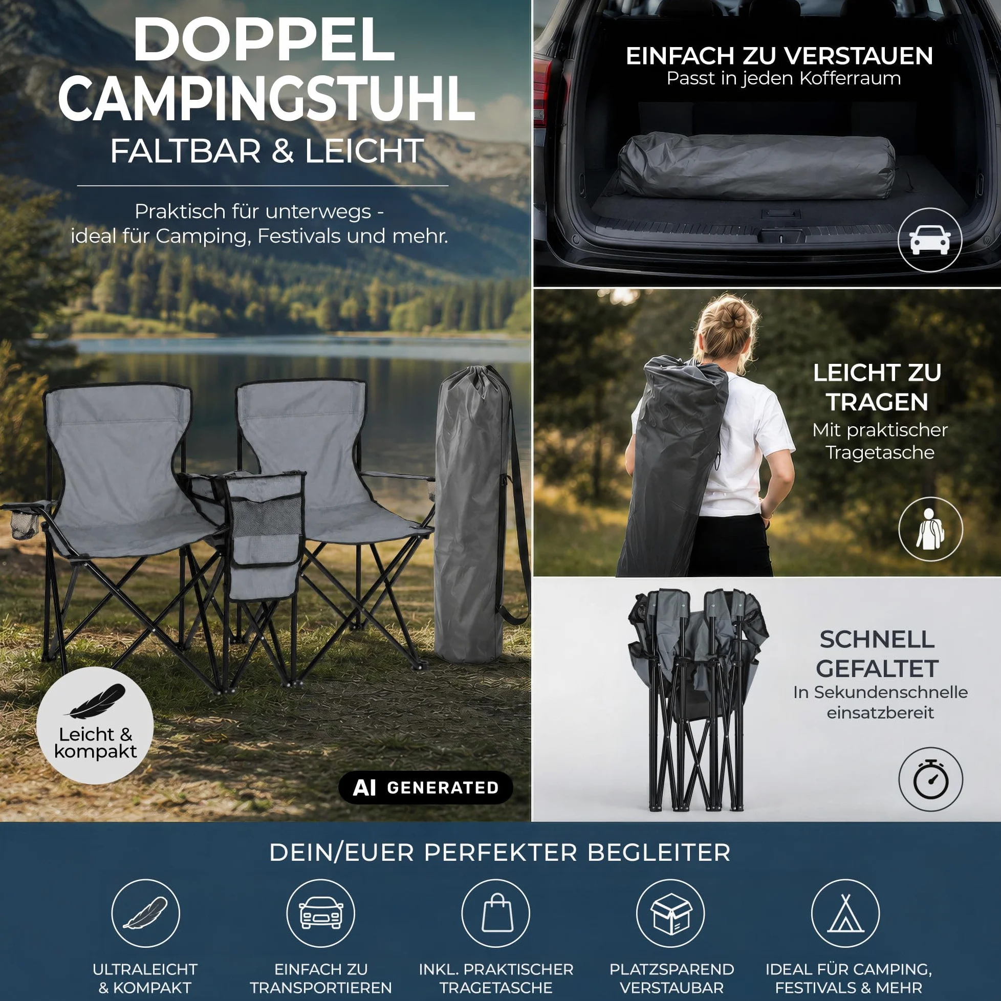 Stagecaptain Silla de Camping Doble CS-1485, Bolsillo Exterior Espacioso | Silla de camping doble de tela Oxford 600D, Perfecta para camping, festivales, picnics y excursiones, Dimensiones, 5 cm, 0 kg