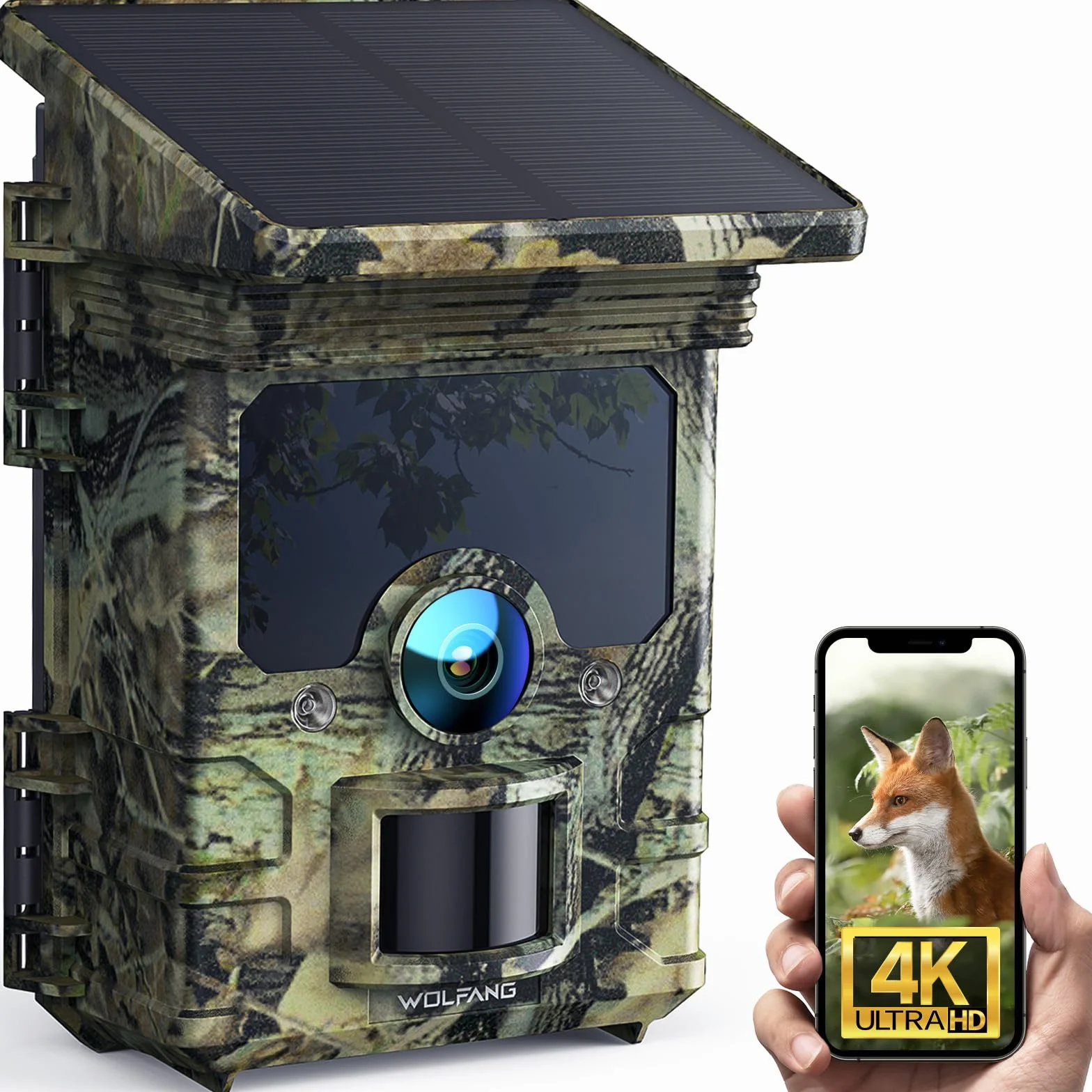 WOLFANG Cámara de Caza Solar 4K 30fps 68MP WiFi Bluetooth Visión Nocturna IP66 Impermeable 5200mAh