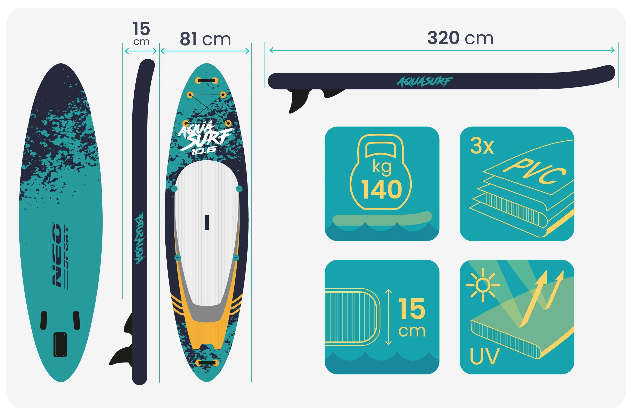 Neo-Sport Aquasurf 10.6 - Tabla de Surf Hinchable (320 cm, con Accesorios, Bomba de Mano, Mochila de Remo y Correa de Remo