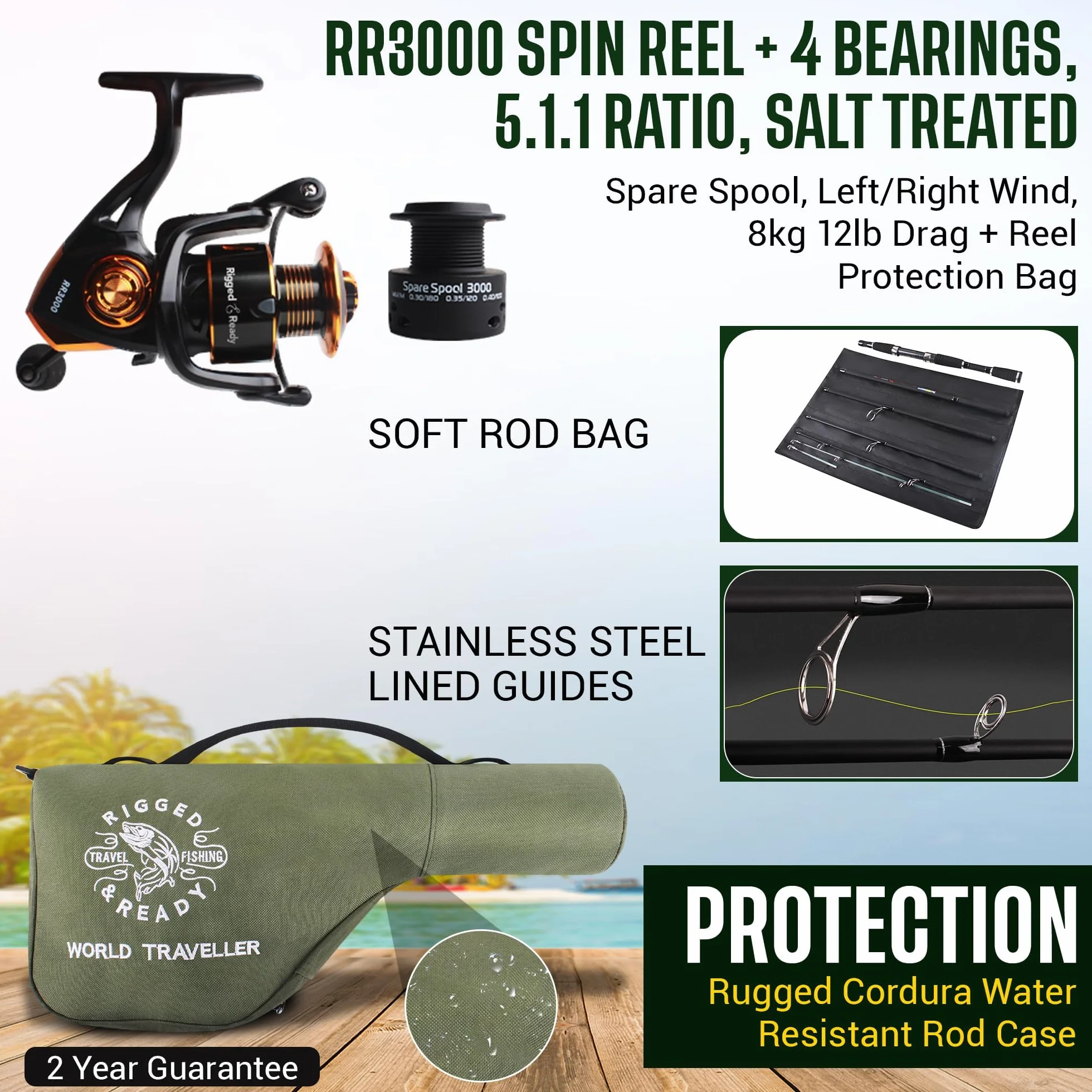 Rigged and Ready World Traveller Travel Fishing Rod Reel & Case Set Compact 6 Sections, 2 Tips 215 cm 7 Inches + 1.9 cm 6 Inches 2.5 cm Nano Carbon Fishing Rod Options Spin Bait Carp Pike Sea Fishing