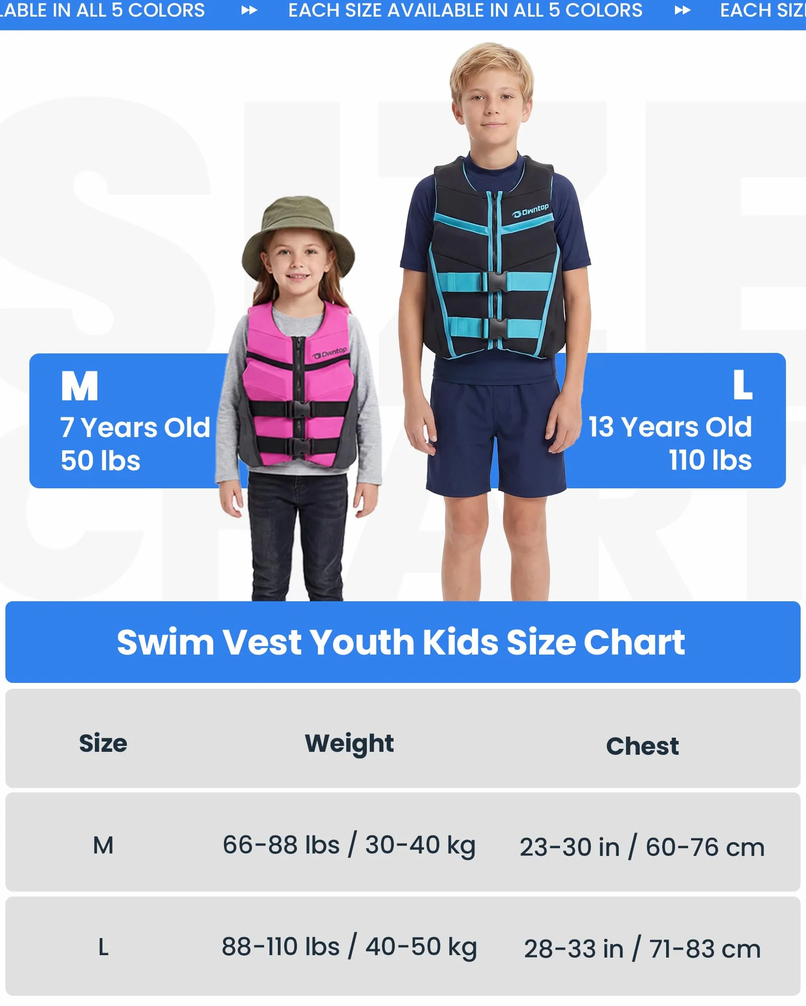 Owntop Chaleco de Ayuda a la Flotabilidad para Adolescentes y Niños - Chaleco de Natación Juventud Unisex, Chaleco de Flotabilidad Ajustable con Hebillas de Seguridad para Pesca, Kayak y Vela