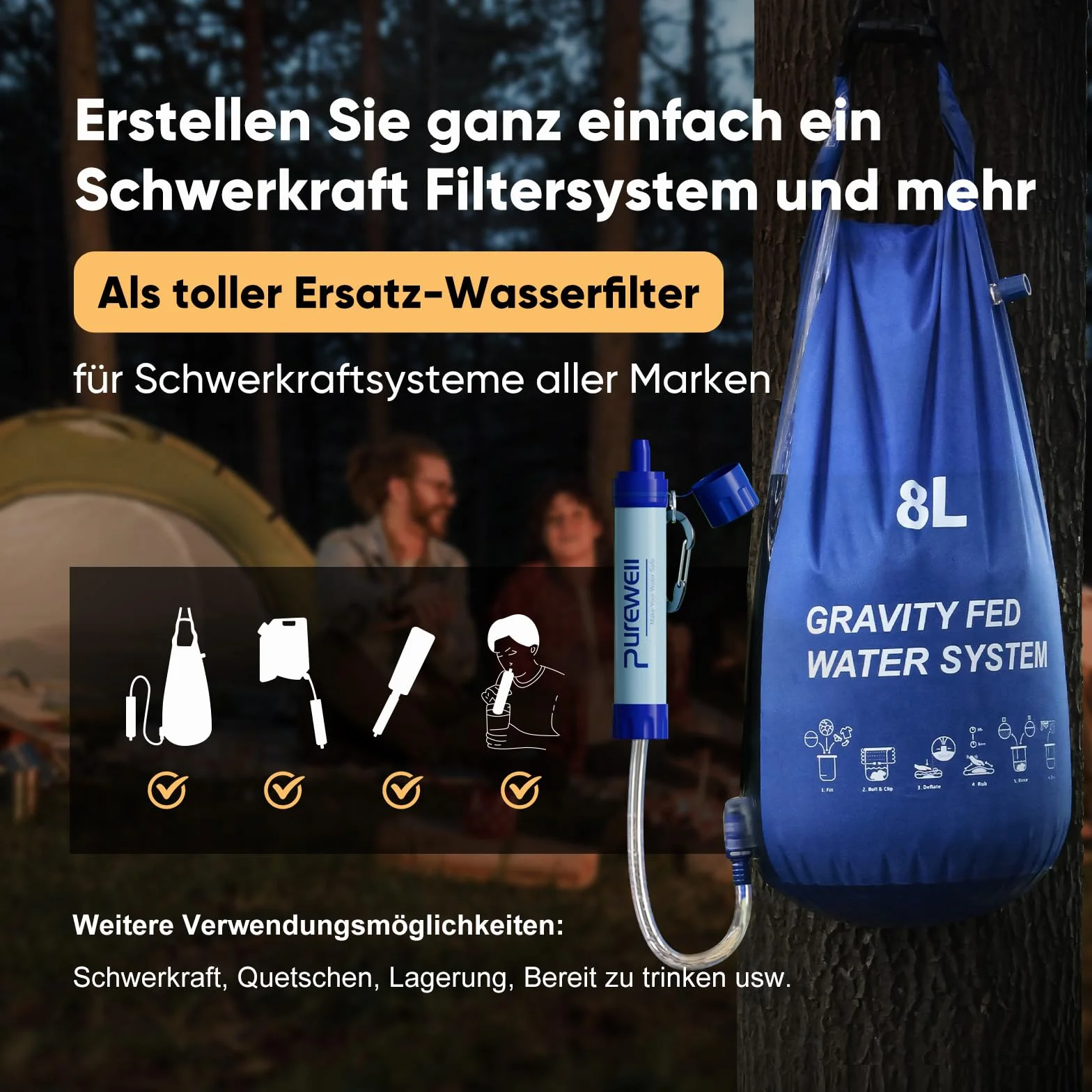 Purewell Filtro de agua personal 1500L Filtro de agua para exteriores Elimina el 99,102% de los contaminantes, trekking, viajes de aventura y preparación para emergencias