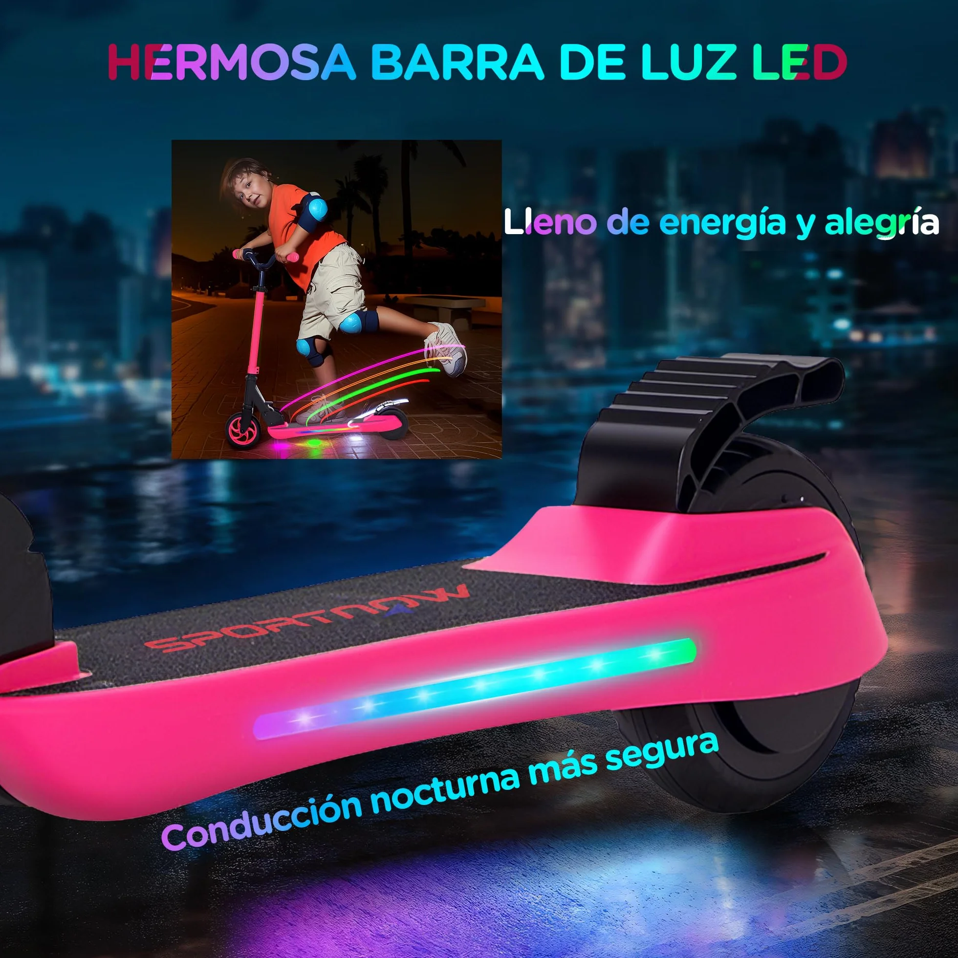SPORTNOW Patinete Eléctrico Plegable MAX 10 KM/H Patín Eléctrico de +6 Años Motor 120 W Autonomía 6 KM Ruedas de 5" - 5,5" Freno Posterior Altura Ajustable Luces LED y Marco de Aluminio
