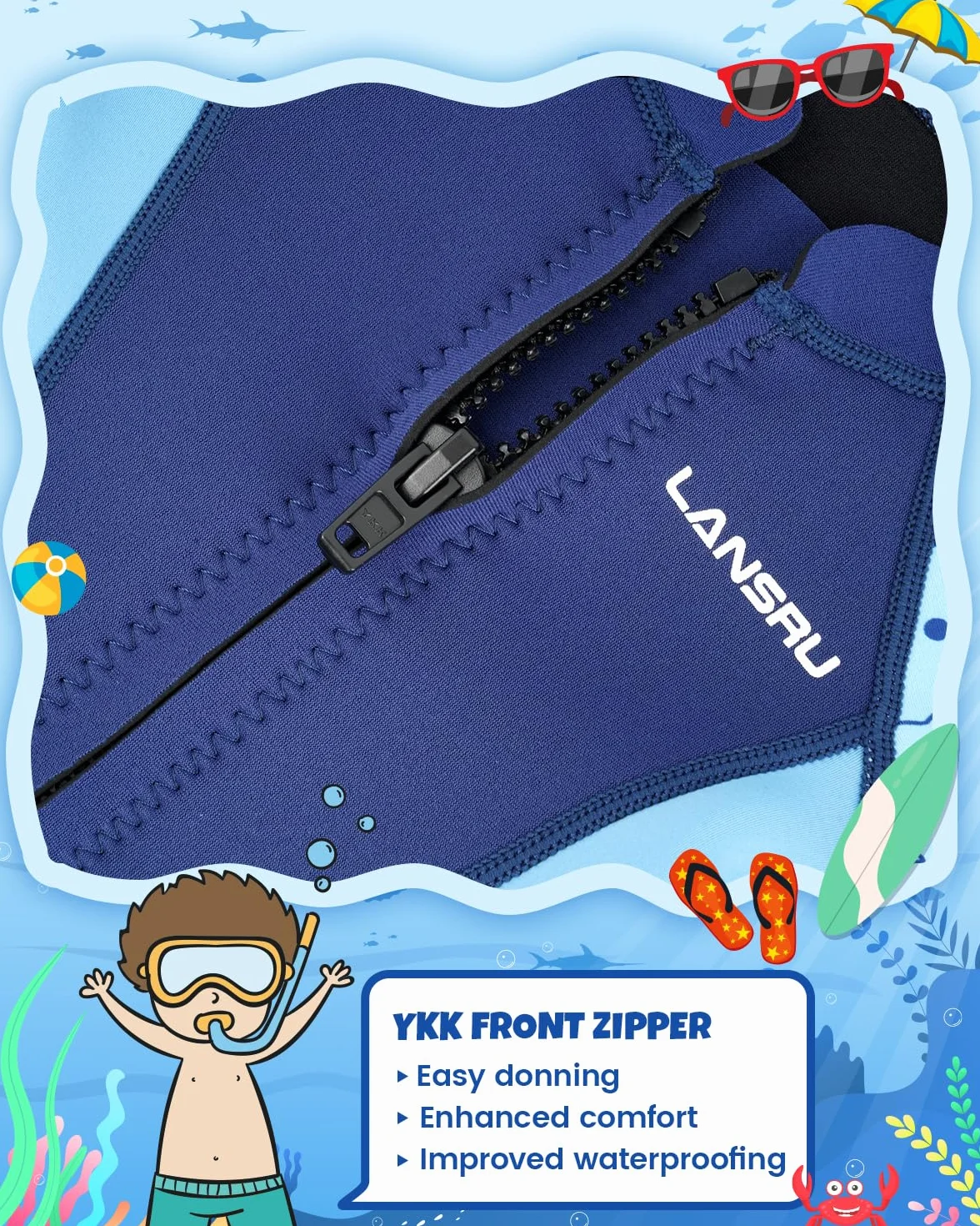 Traje de neopreno para niños 1-10 años SCR 2mm protección UV cremallera frontal natación