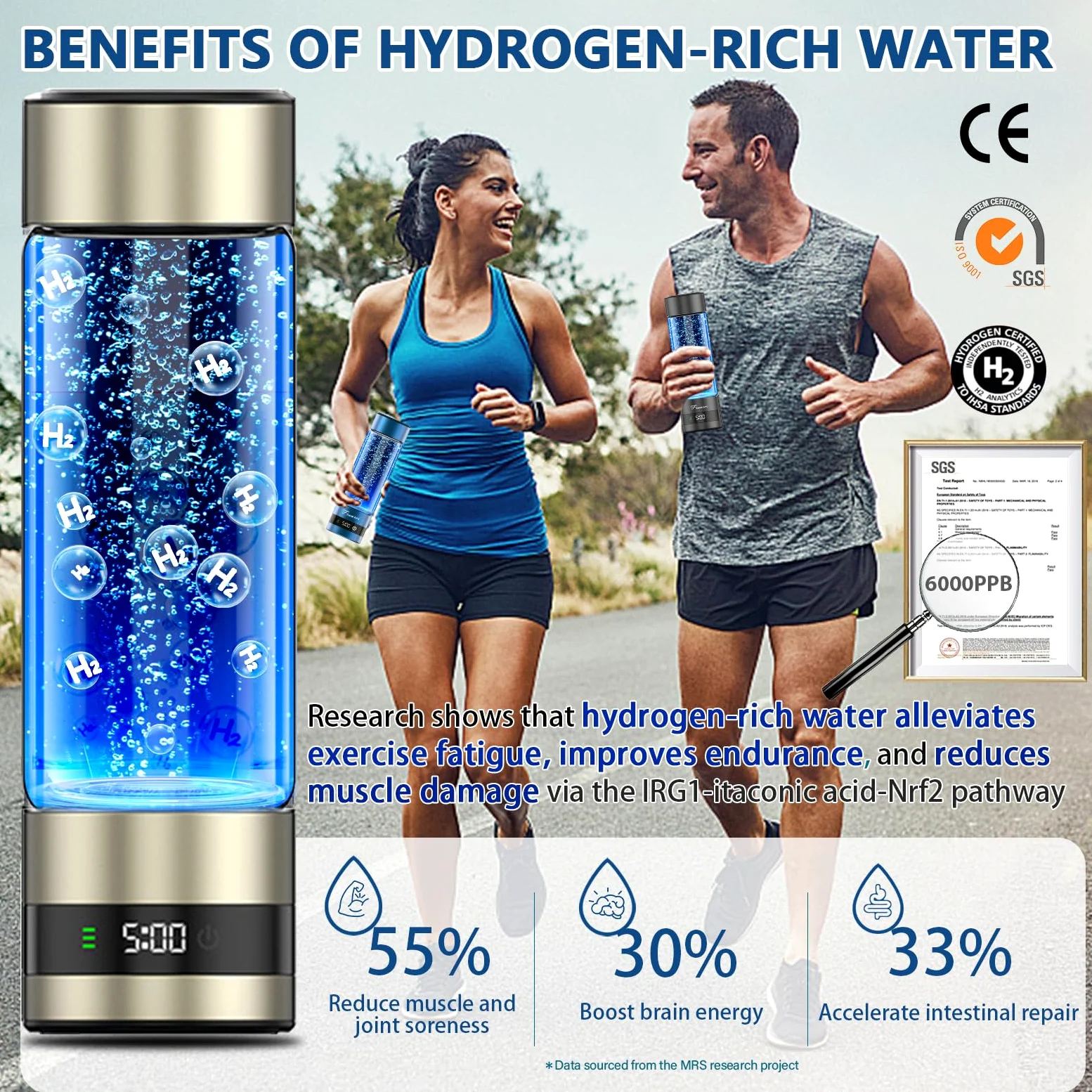 Botella de agua de hidrógeno, generador de botellas de agua de hidrógeno de hasta 6000 PPB, rendimiento atlético portátil y sistema de hidratación, regalo saludable para familiares, amigos, clientes