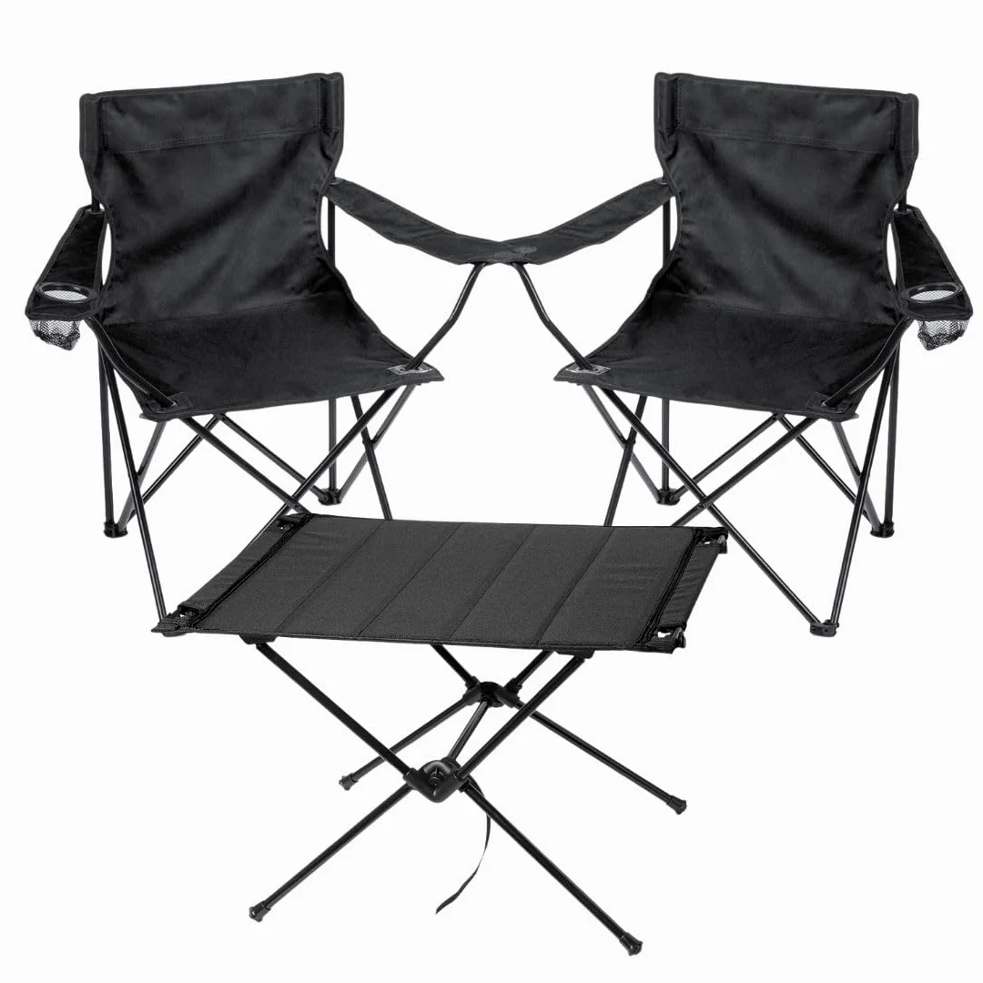 Pack de 2 Sillas y Mesa de Camping Plegables | Sillas Plegables con Porta Bebidas y Mesa Compacta | con Bolsa de Transporte | Set de Mobiliario de Exterior