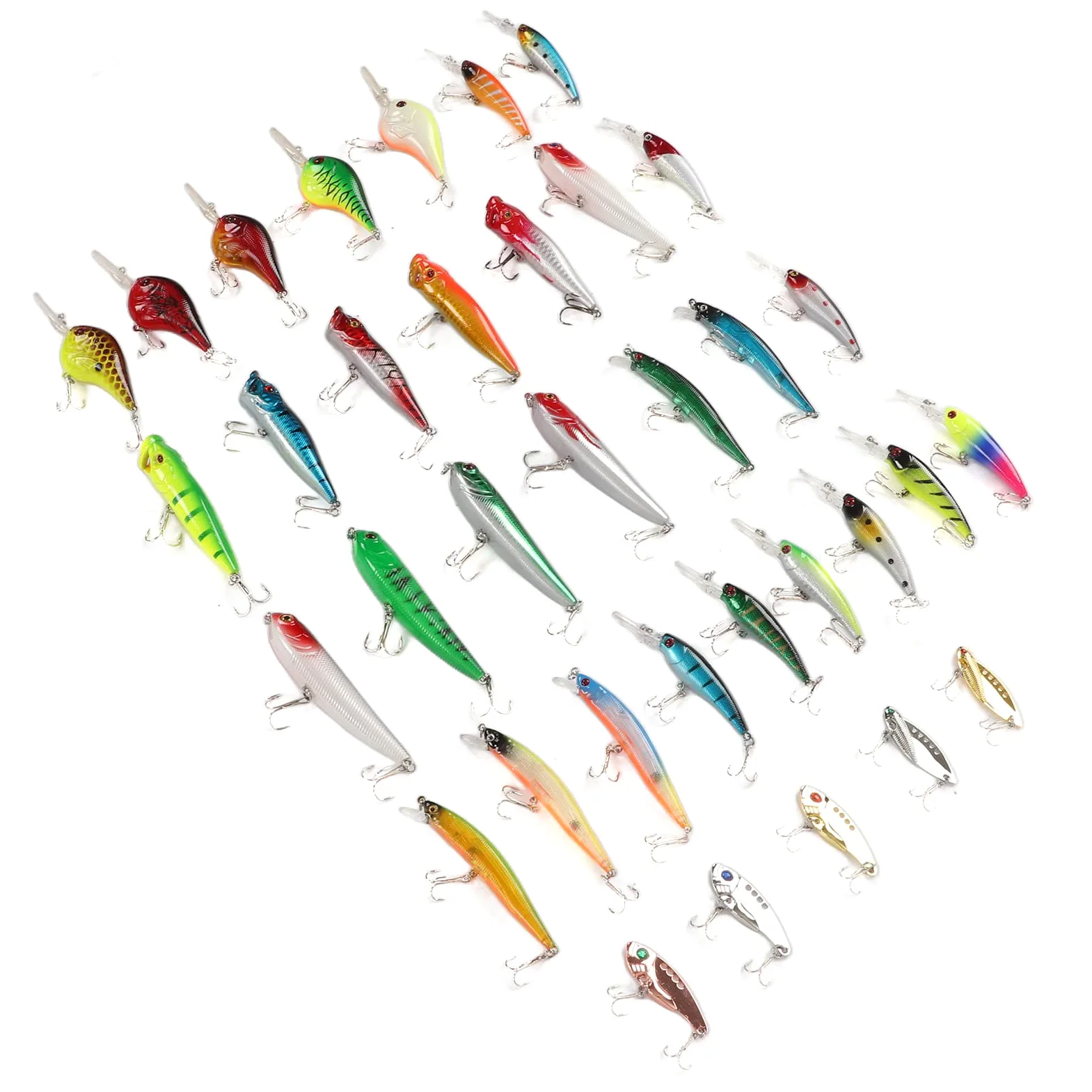 Cebo Artificial Duro, Kit 35 Piezas Señuelos Minnow Mezclados, Material Resistente, Aplicación Agua Dulce y Salada, Para Pesca en Barco, Lago, Río