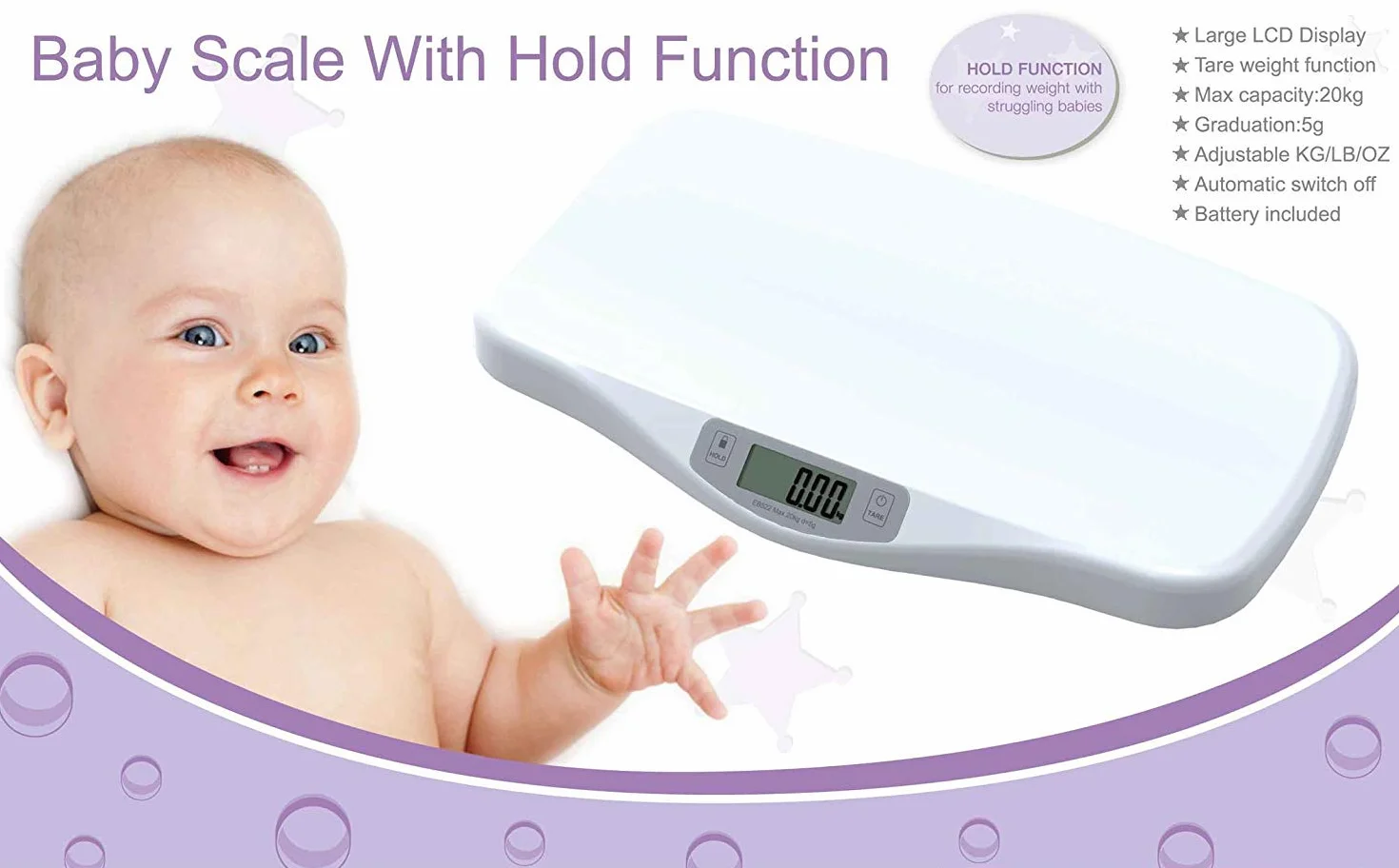 Báscula para Bebés Digital Alta Precisión 5 g 20 kg KG LB OZ Blanco