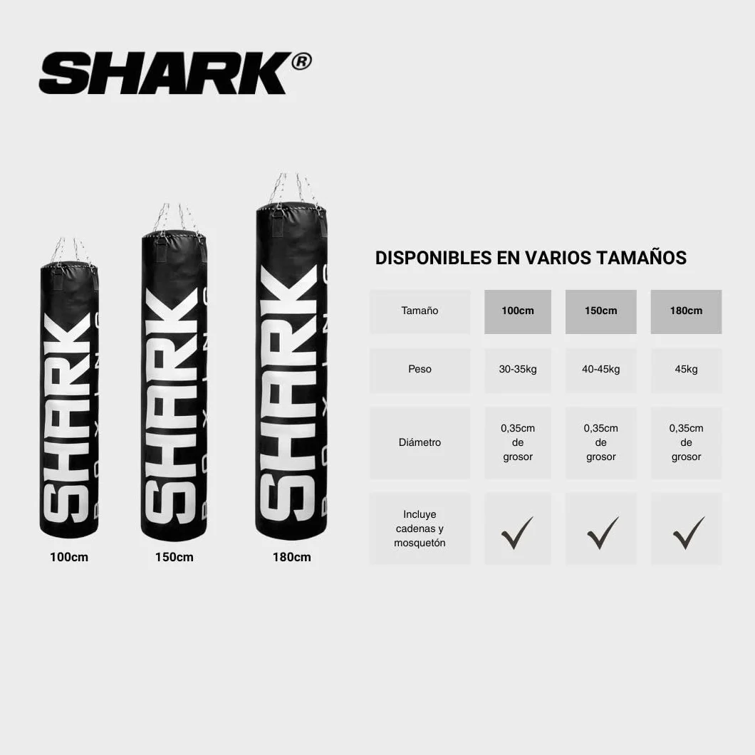 SHARK BOXING Saco de Boxeo 100cm 150cm 180cm Piel sintética Sin Relleno Mosquetón Giratorio