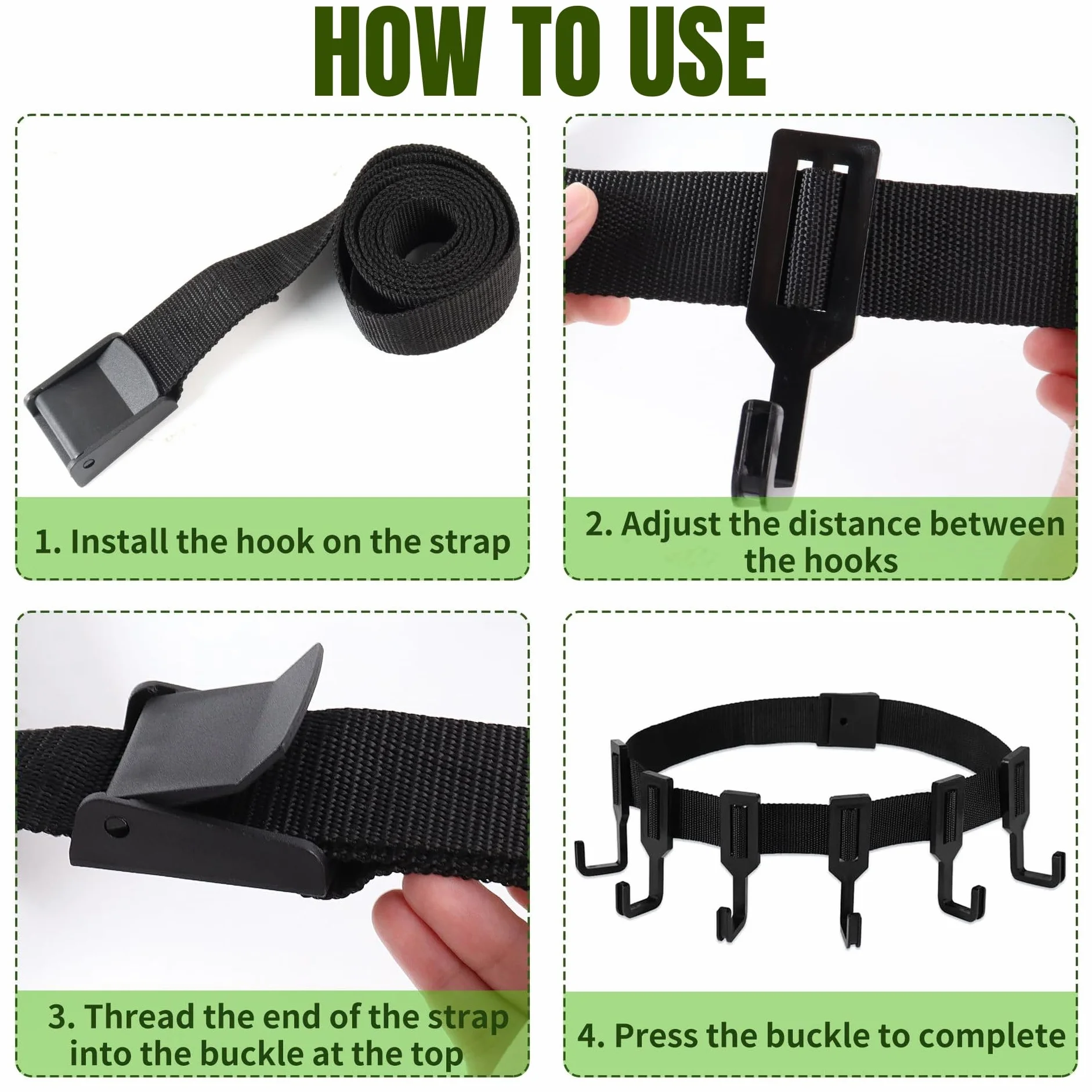 Colgadores para Árboles de Equipo de Caza, Negro Gancho con Correas de Trinquete, Soportes de Silla de Árbol Resistentes, Soporte para Árbol al Aire Libre para Caza (1 Correa con 6 Ganchos)