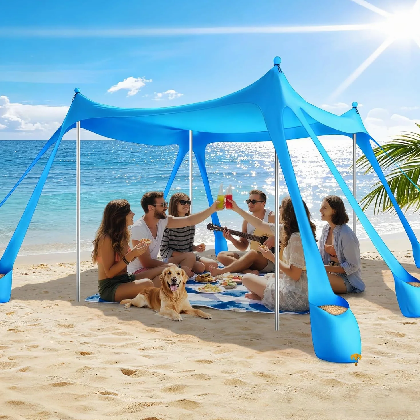 Tienda de campaña para playa, protección solar UPF 50+, 3 x 3 m, toldo de playa, toldo emergente con 8 sacos de arena, protección solar al aire libre para camping, pesca (azul cielo)