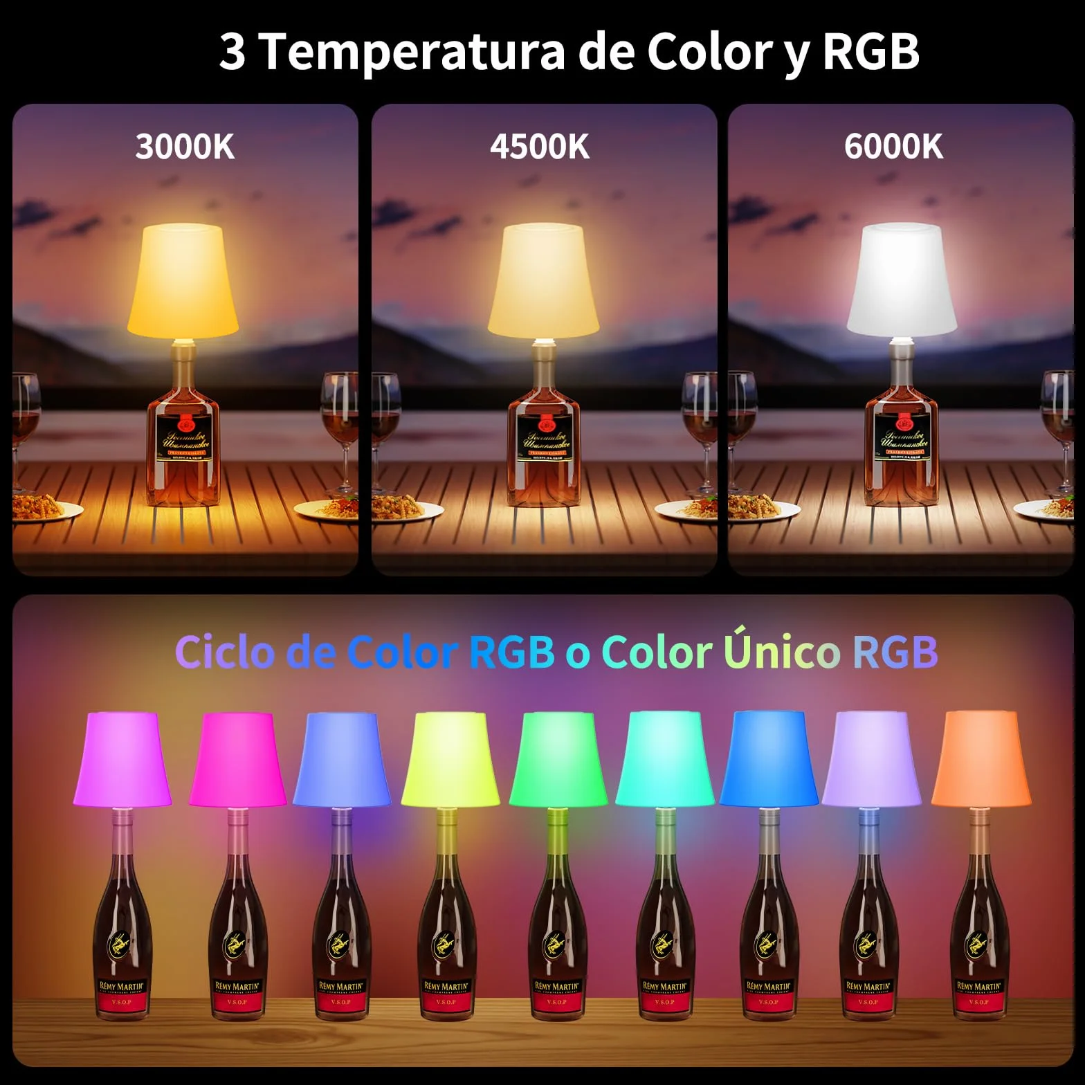 Lámpara de Mesa Inalámbrica Recargable IP54 Impermeable con Brillo Ajustable 3 Temperaturas Color+RGB, Táctil