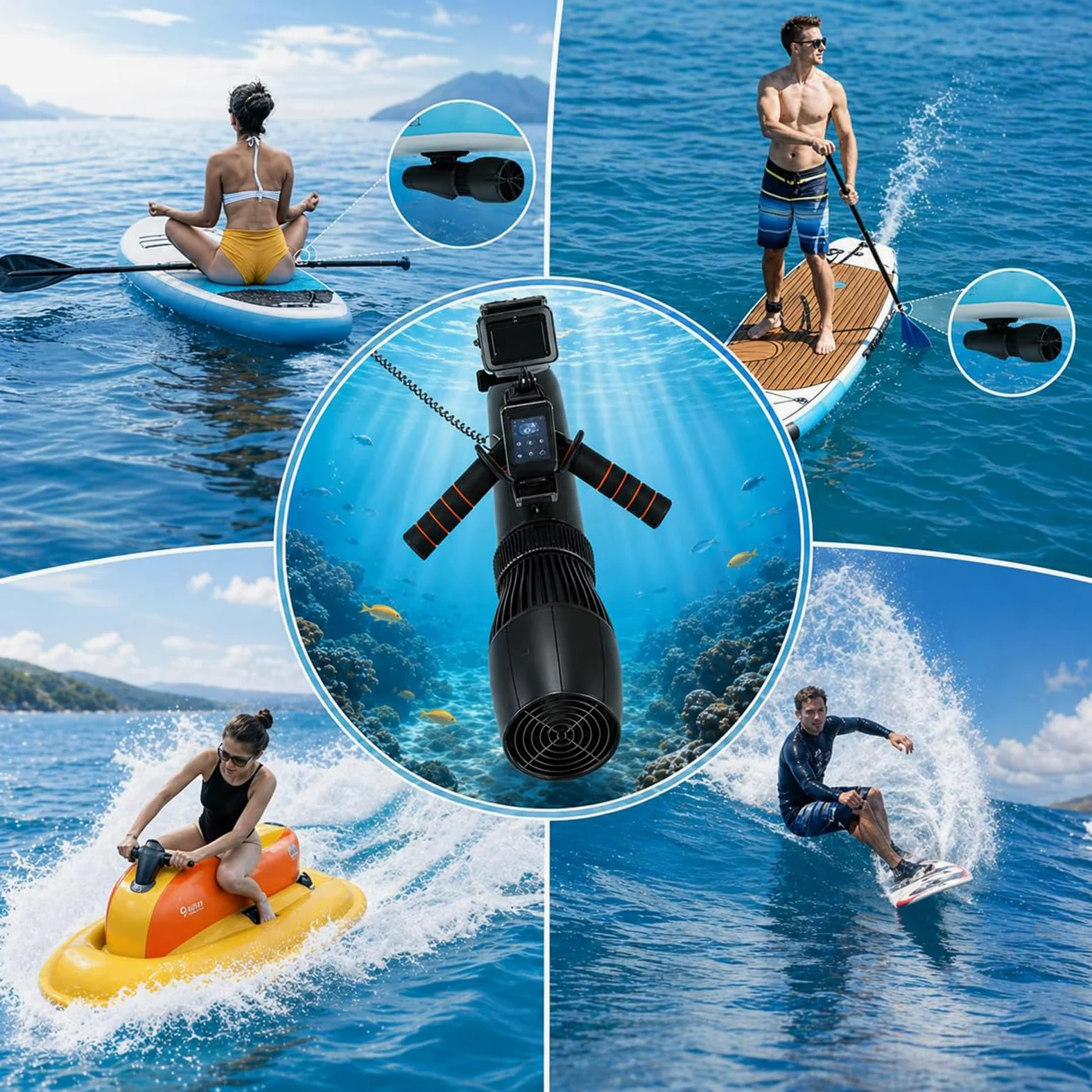 Patinete Eléctrico Submarino de 500 W, 10 Velocidades, 3-7 Km/H | Motor Acuático Brushless, Batería 16000mAh Autonomía 180-60 min, 30 m de Profundidad para Buceo y Esnórquel, Fácil Manejo