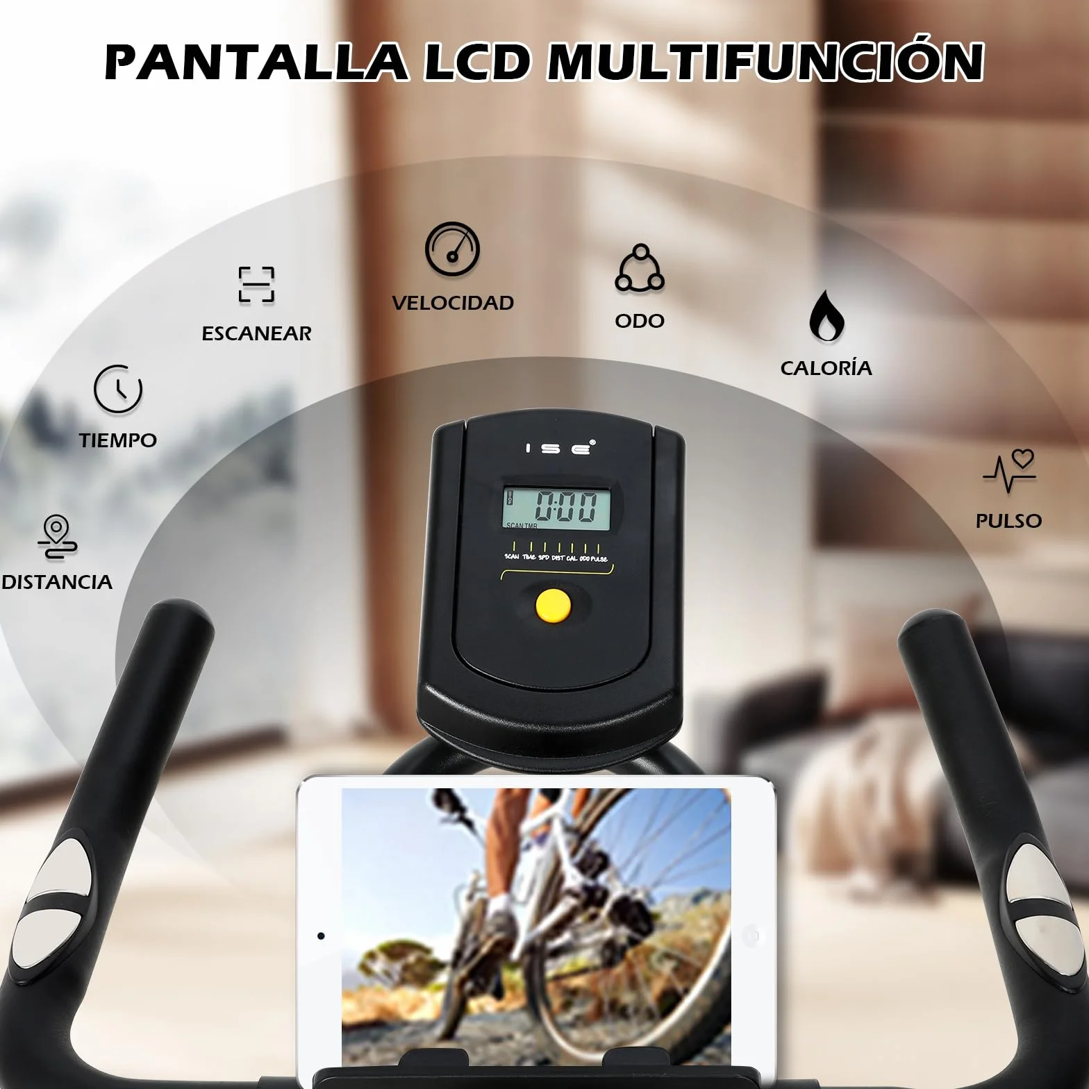 ISE Bicicleta Estática Ajustable Resistencia, Bici Estatica con LCD Pantalla, Soporte para teléfono móvil, Ipad y botella, Bicicleta Profesional, Sillín y Asa Ajustable, Max.120KG