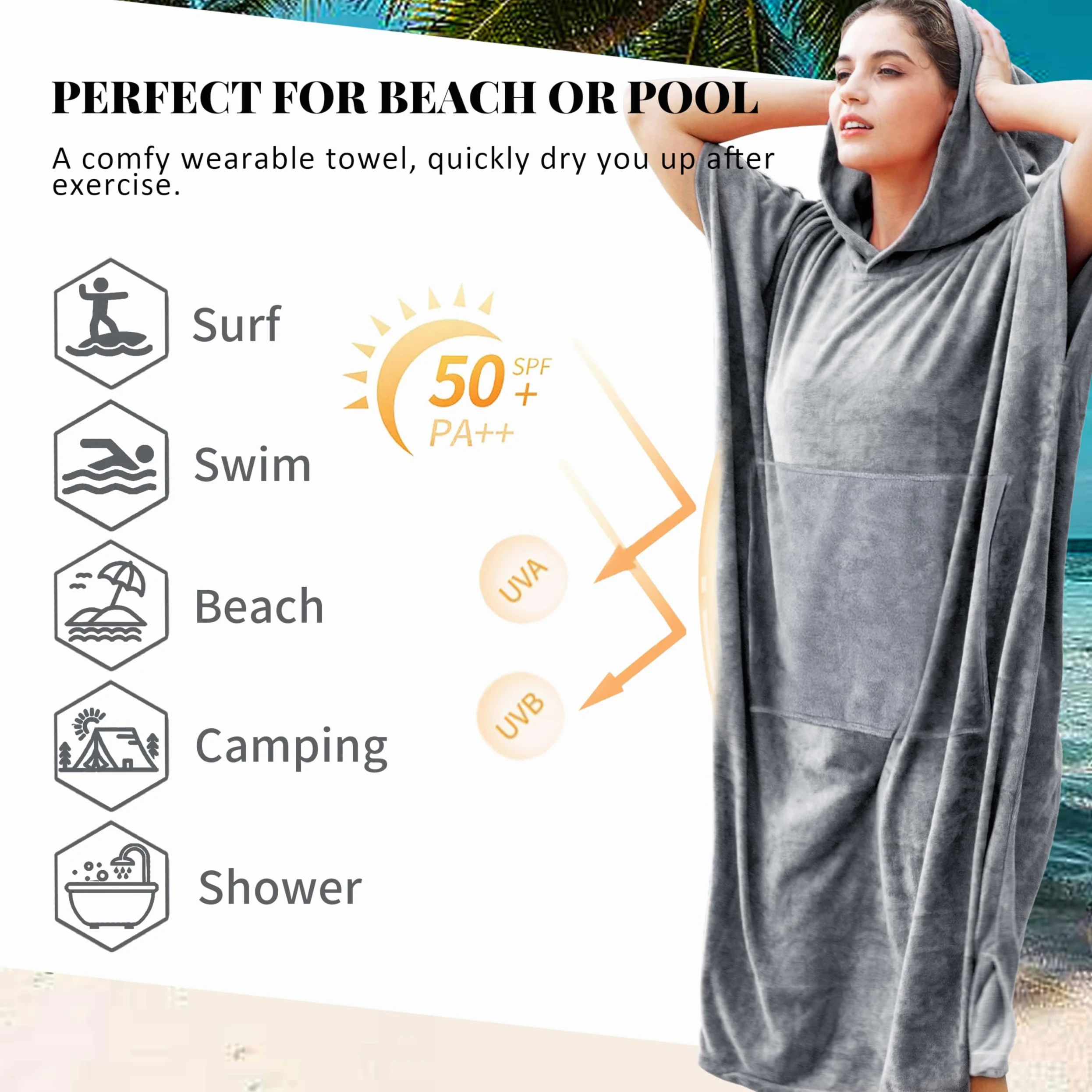 Surf Poncho Toalla con Capucha para Adultos Mujeres Hombres Microfibra Playa Poncho para natación baño Traje de baño cambiante