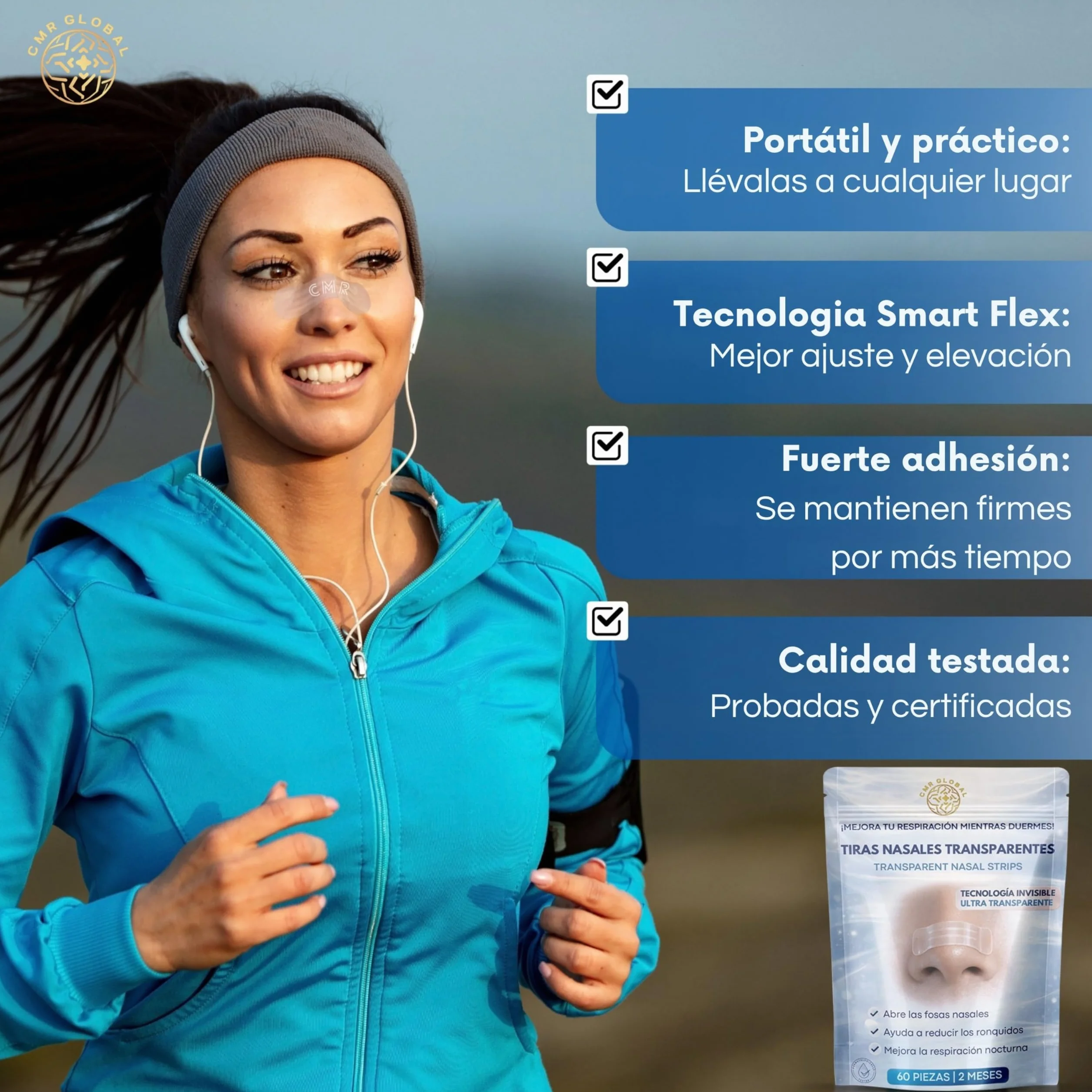Tiras Nasales Deportivas Premium 60 Unidades Antironquidos Transparentes