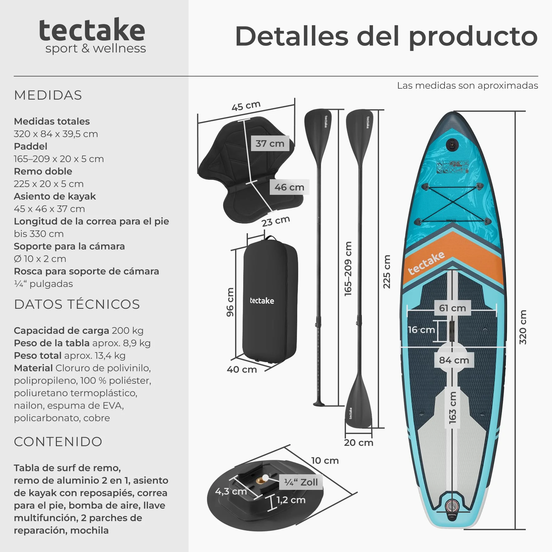 tectake® Tabla de Paddle Surf Hinchable