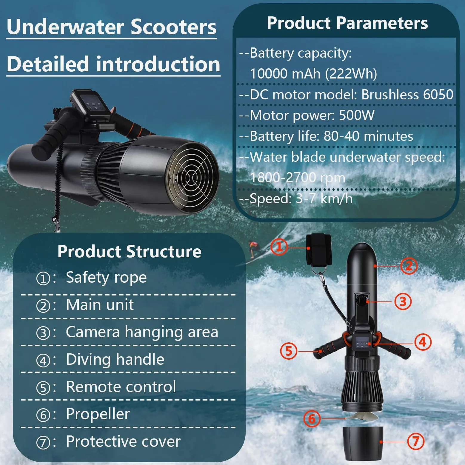 Scooter Submarino portátil de Alta Potencia de 10000 mAh, 500 W, Resistente al Agua hasta 40 m, Ideal para Buceo y esnórquel.
